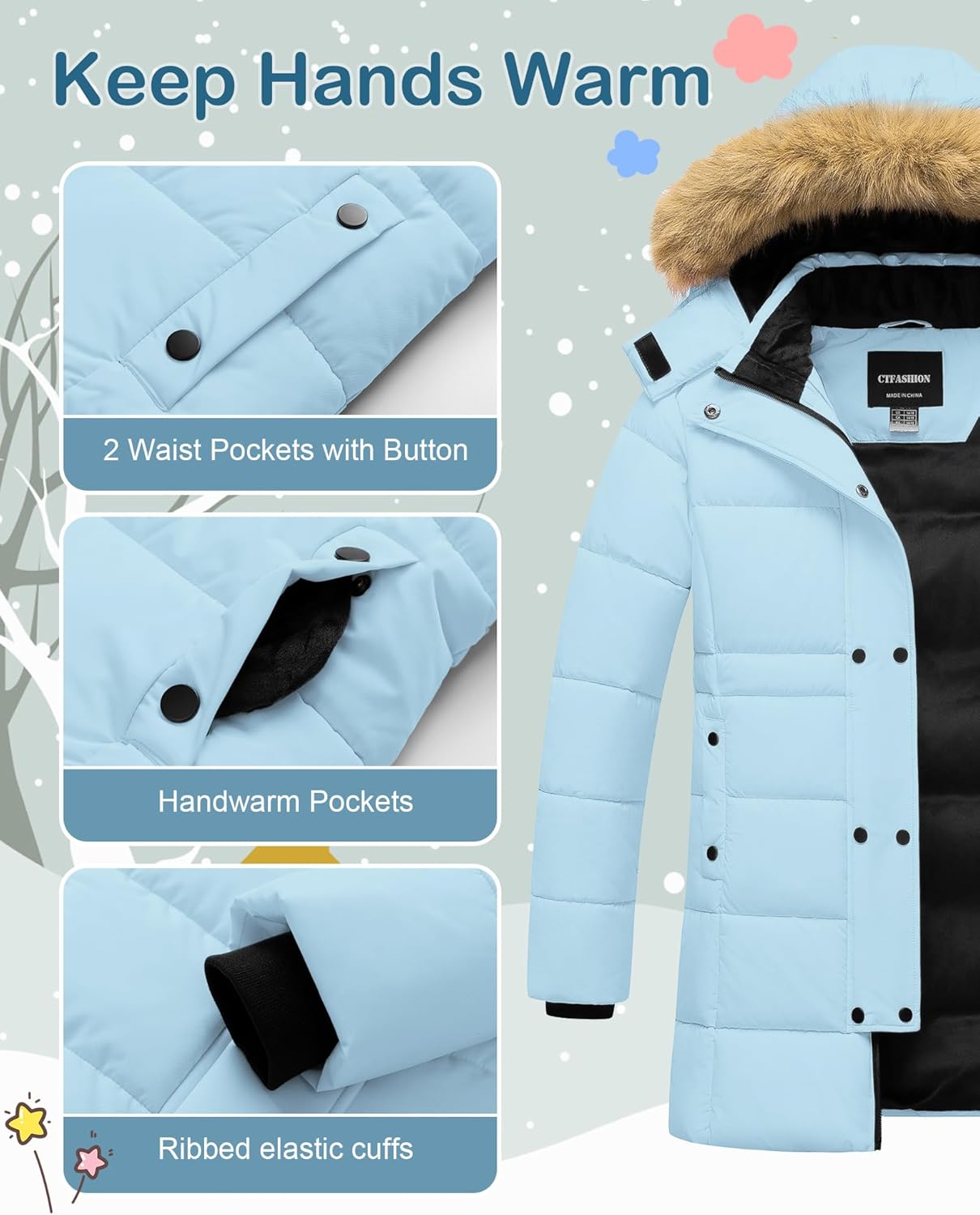 Girl's Puffer Jacket Kids Long Winter Coats Heavyweight Parka Warm Fleece Snow Outerwear with Removable Fur Hood - Image 5
