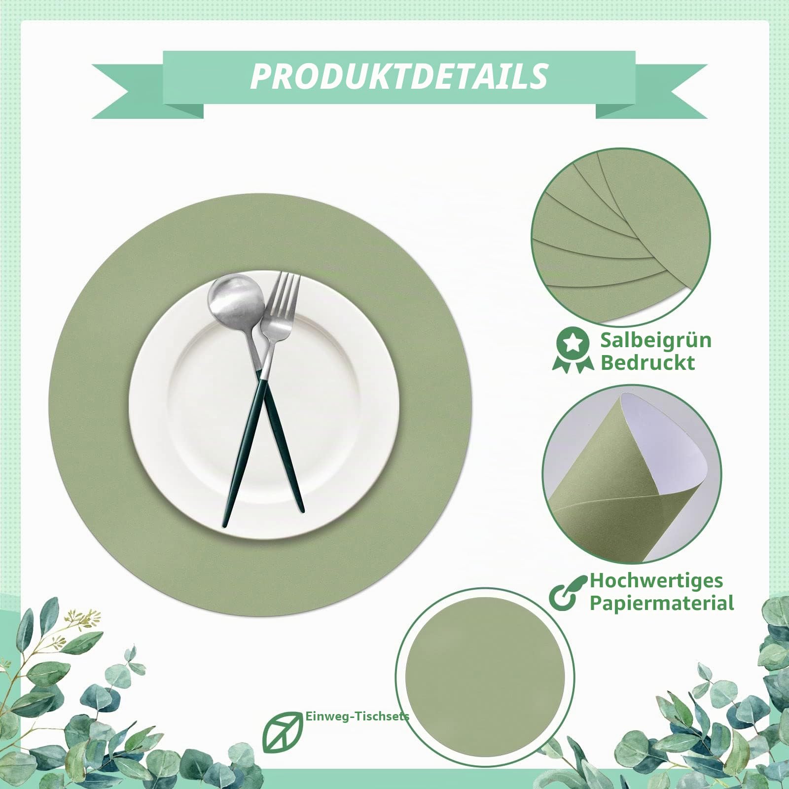 50 Stück Salbeigrüne Papier-Tischsets, Salbeigrün, runde Einweg-Tischsets, grüne Papierdeckchen, dekorative Platzsets für Hochzeit, Bankett, Party, Zuhause, Essgeschirr, Dekor