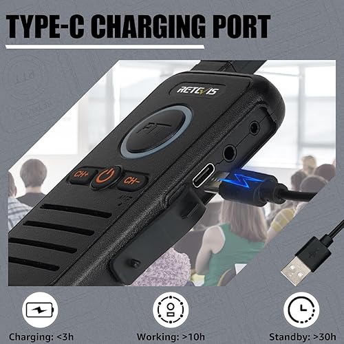 Miniatura 4 de Retevis RB45 Walkie Talkies - Paquete de 8 unidades, radio bidireccional recargable de largo alcance, doble PTT, indicador, sonido fuerte, mini