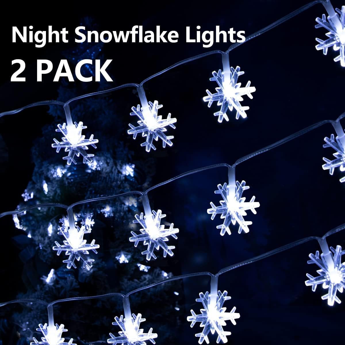 KIRE (2-Pack Snowflake Christmas Lights, Snowflake String Lights Total 33Ft 100 Fairy Lights 8 Lighting Modes Waterproof Battery Box Operated for Indoor Outdoor Christmas Decorations for Bedroom