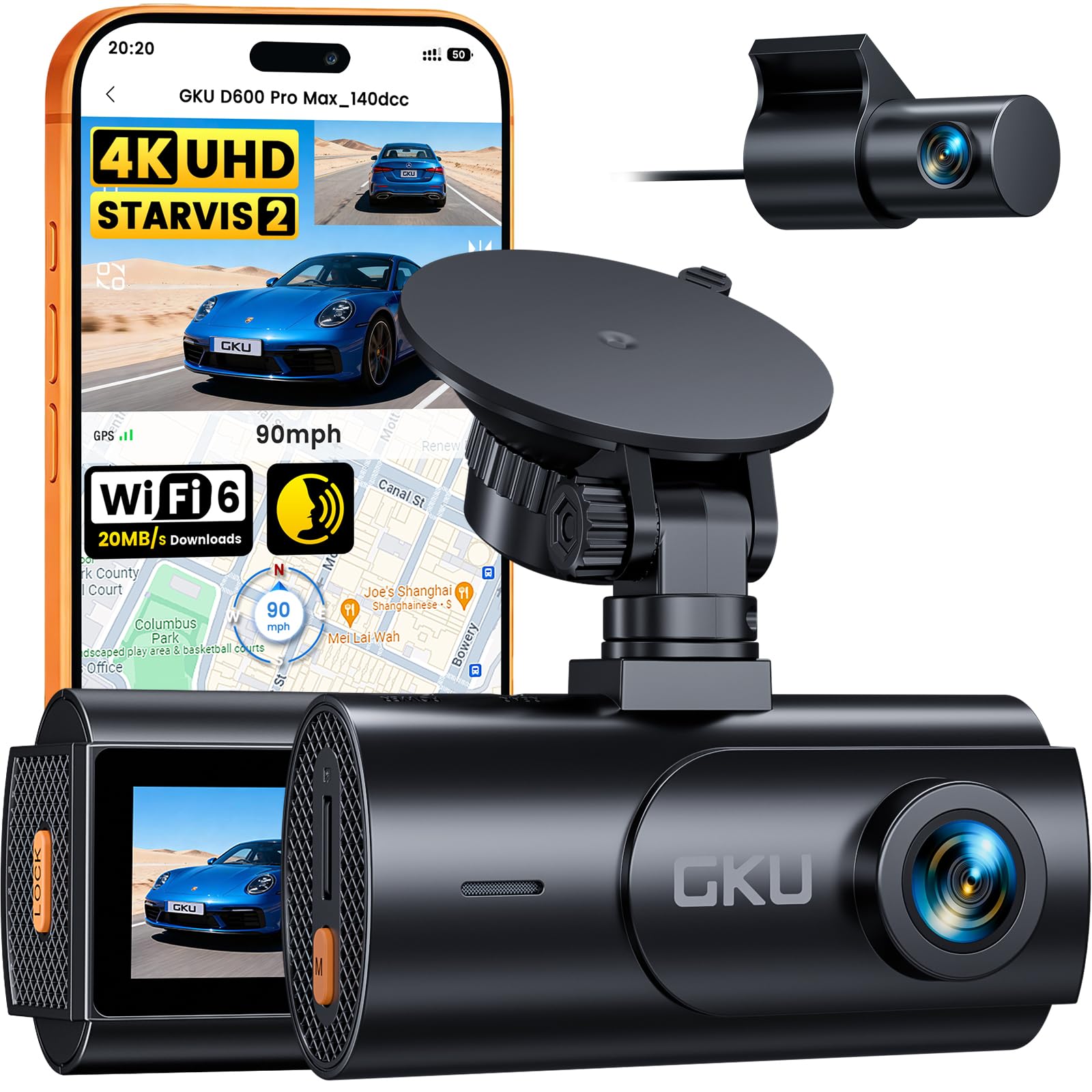 GKU Dashcam Auto Vorne Hinten 4K mit STARVIS 2, Dash Cam Auto Kamera 3" IPS-Bildschirm,WiFi 6,GPS,Loop-Aufnahme,Kollisionsvoraufzeichnung,Unterstützt 512 GB Max(SD-Karte Nicht enthalten)