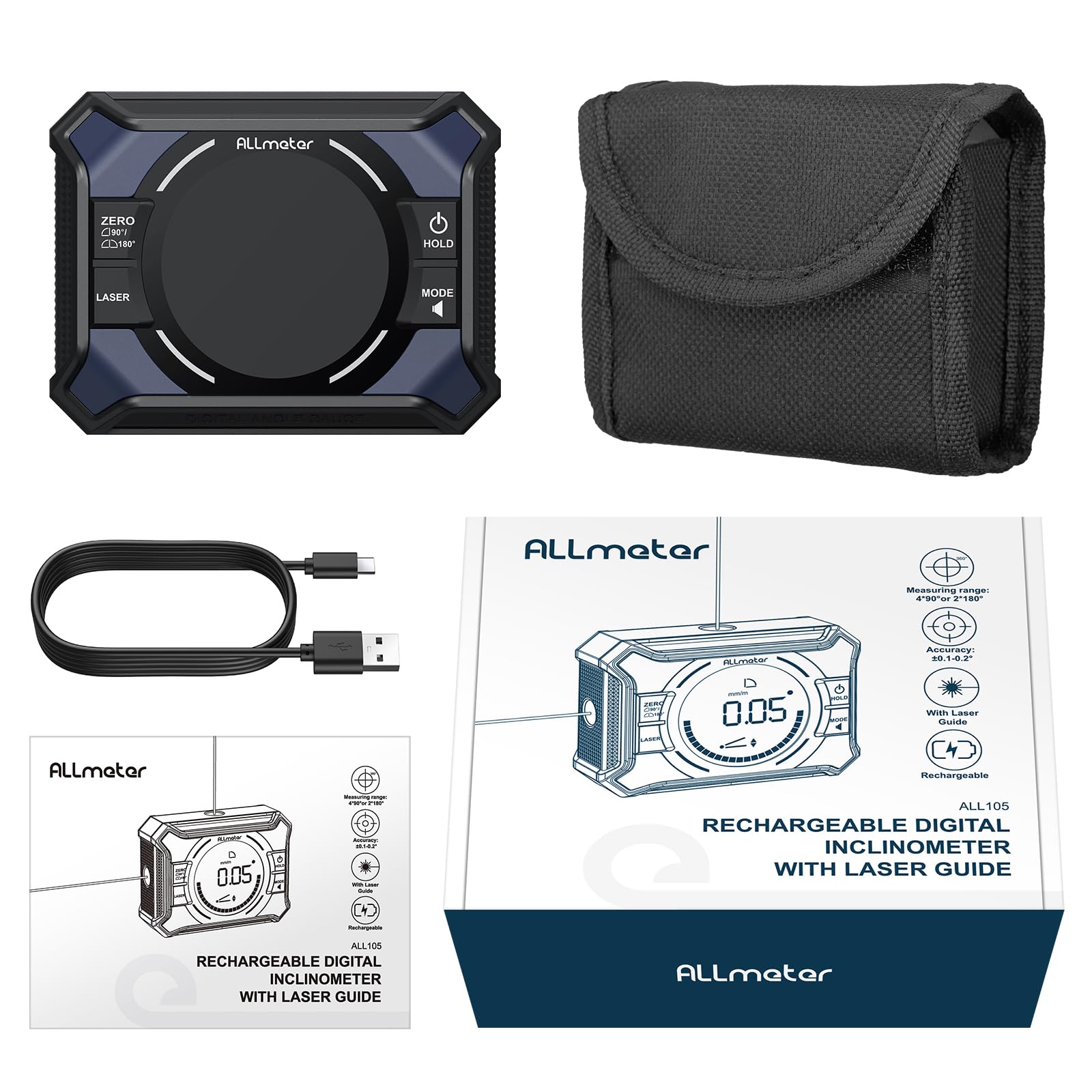 Livella Digitale Ricaricabile 3-in-1 con Doppia Linea Laser Rossa | Inclinometro Digitale 4×90° e 2×180° con Precisione ±0,1°/0,2° e Base Magnetica per Falegnameria, Lavori a Muro e Fai-da-Te