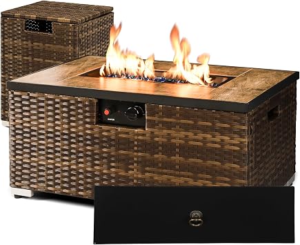 32 Outdoor Propane Fire Pit Table w/Tank Holder | 2-Piece Handmade Rattan Wicker Firepit Ceramic Tabletop 40,000 BTU Rectangle Fire Table for Patio, Deck, Backyard Brown
