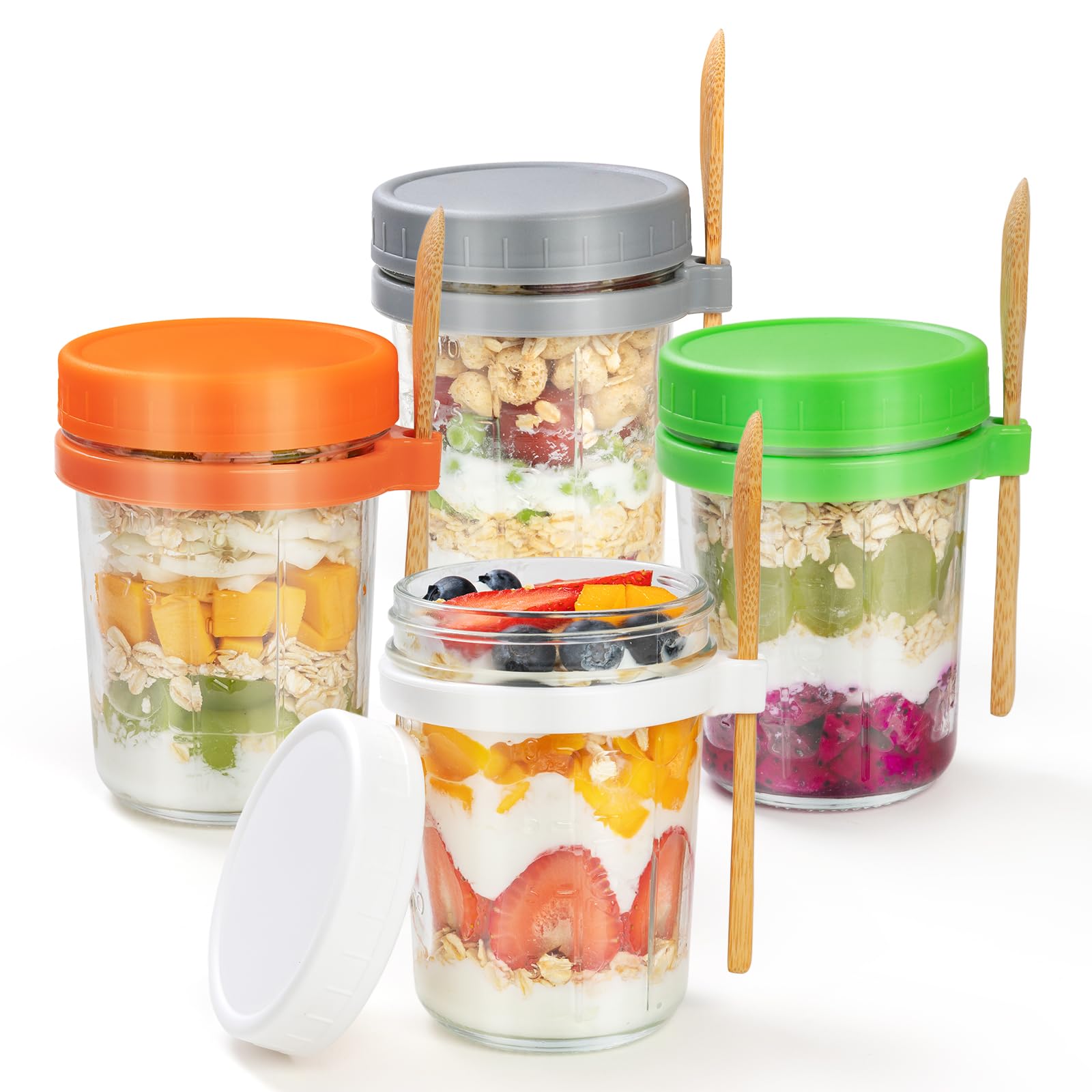 Overnight Oats Containers with Lids and Spoons 16 Oz, Large Capacity Overnight Oats Mason Jars, Airtight Glass Jars with Lids for Cereal Fruit Salad Meal Prep (Grey, White, Green, Orange (4 Pack))