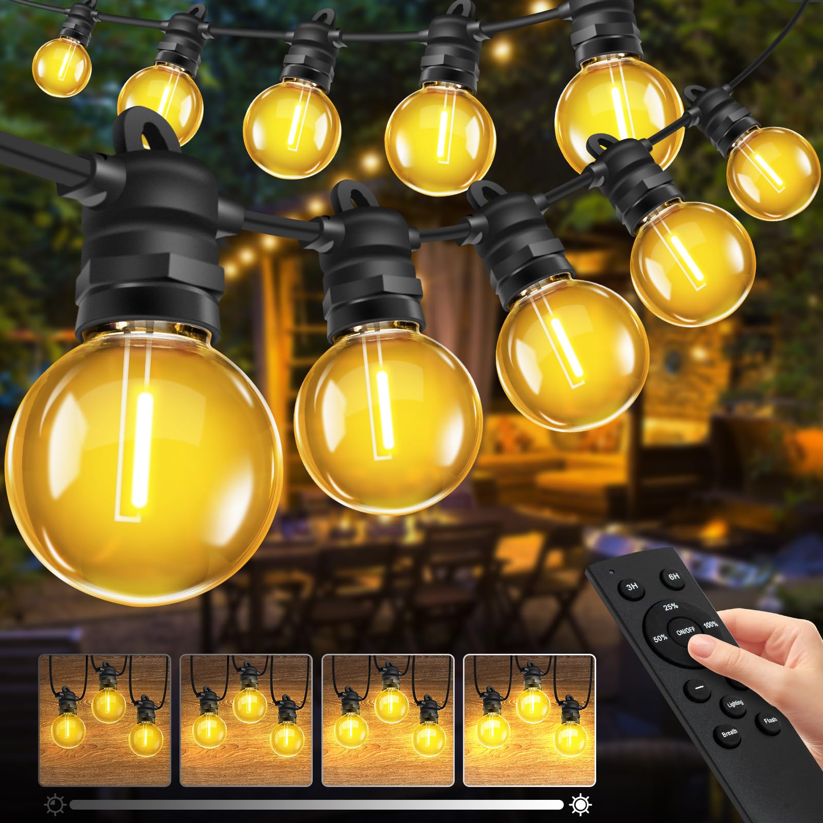 Bowfar Lichterkette Außen Strom, 30M G40 Glühbirnen Balkon Lichterketten Outdoor mit 46+2 Stk, IP68 Wasserdicht Dimmbar Pavillon String Lights mit Fernbedienung für Garten Terrasse Party Hochzeit