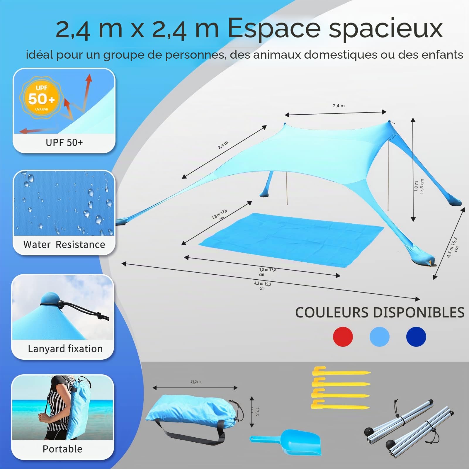 Tente de plage UV UPF50+ pare-soleil 2 poteaux camping pêche bleu