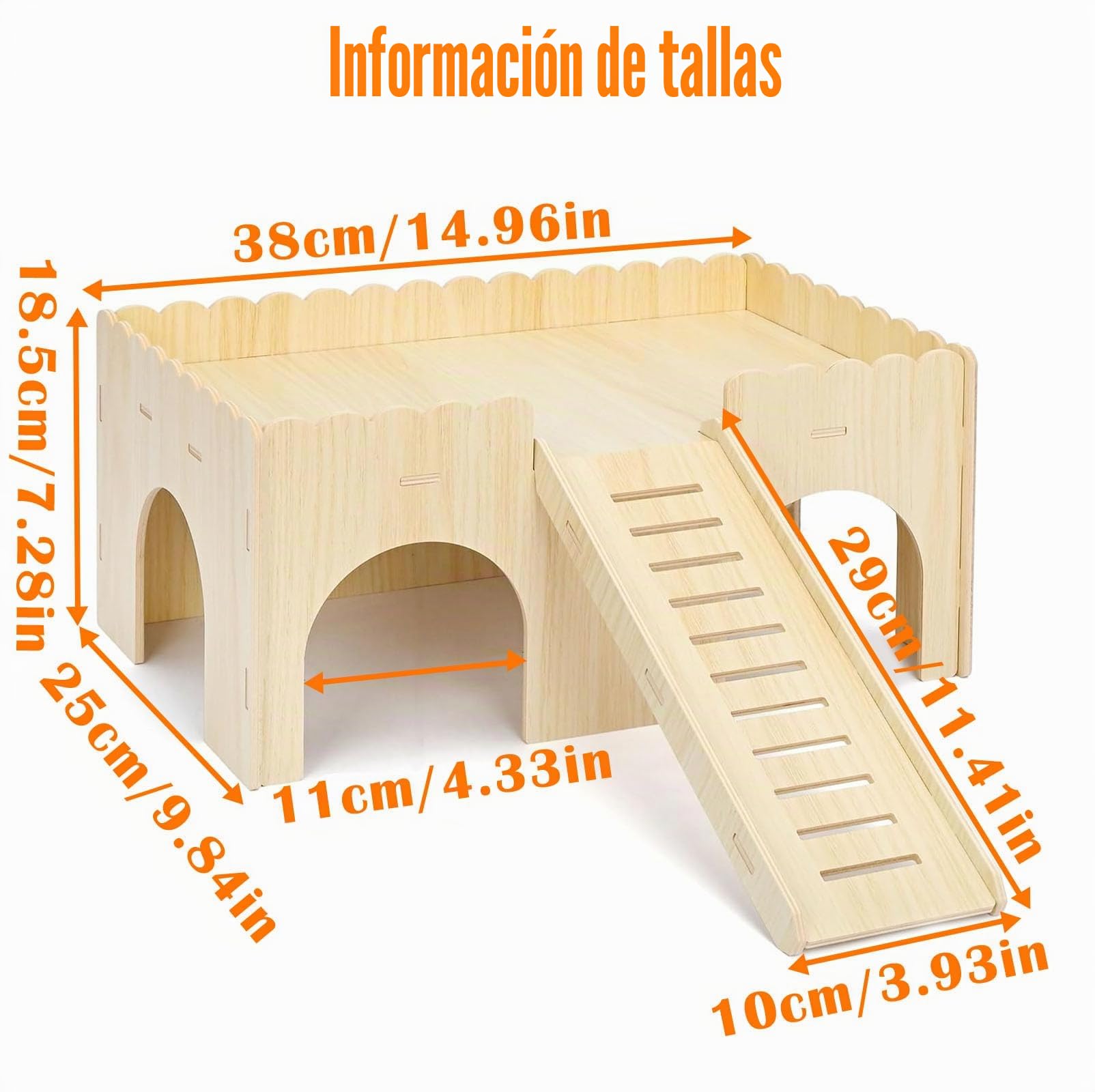 Casa de Cobayas Madera Natural con 4 Cuevas y Rampa Extraíbles, 38x25x18cm Castillo Conejo Gran, Accesorios Juguete Mascotas Pequeñas para Cobayas, Hámsteres, Chinchillas, Conejos Enanos y Hurones