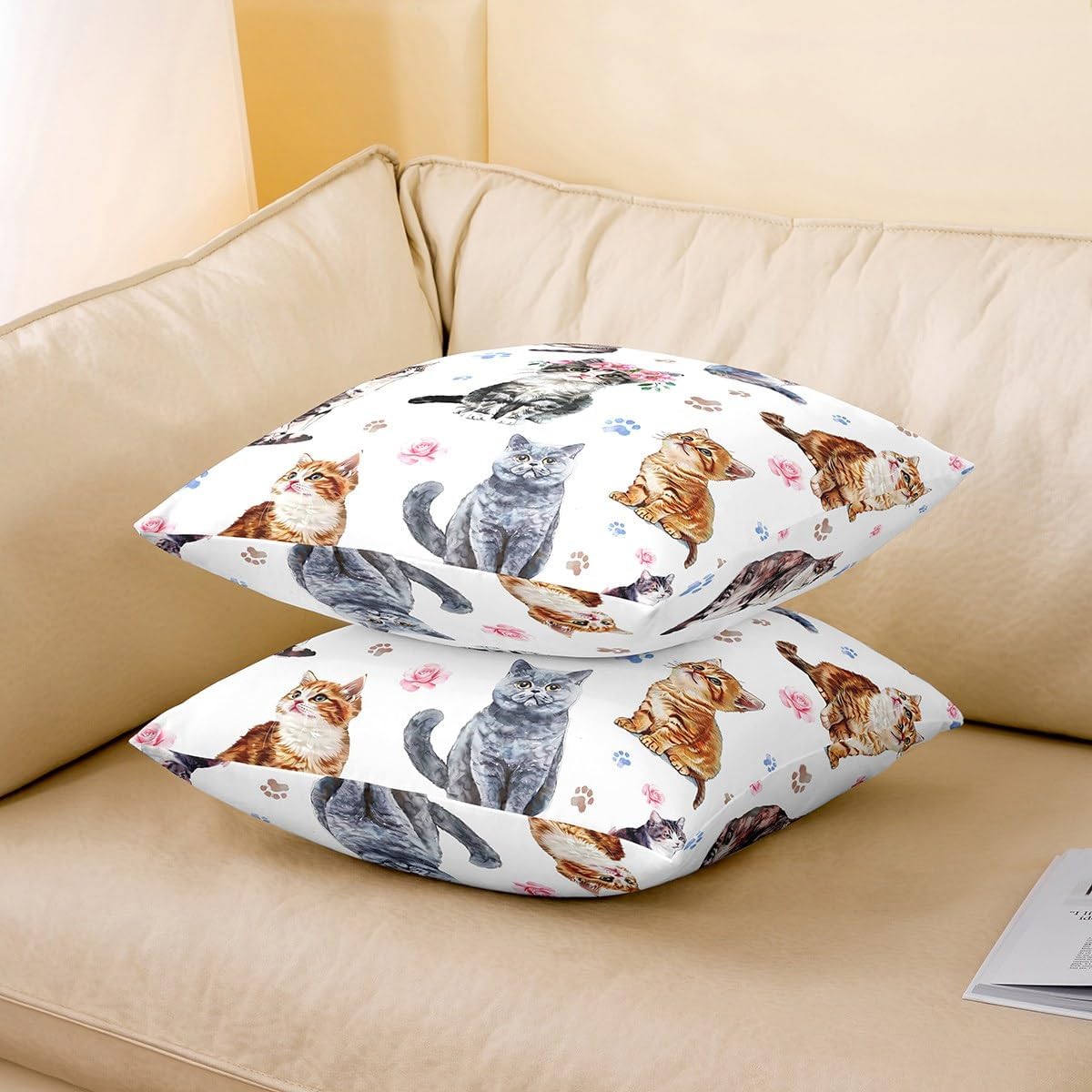 Manfei Cartoon Kitten Pet Animals Double Sides Print Pillow Cover,Cute Cat Pillowcase Soft Square Cushion Case 24"x 24",Cat Claw Kawaii Flower Throw Pillow Covers for Living Room Decor image 3