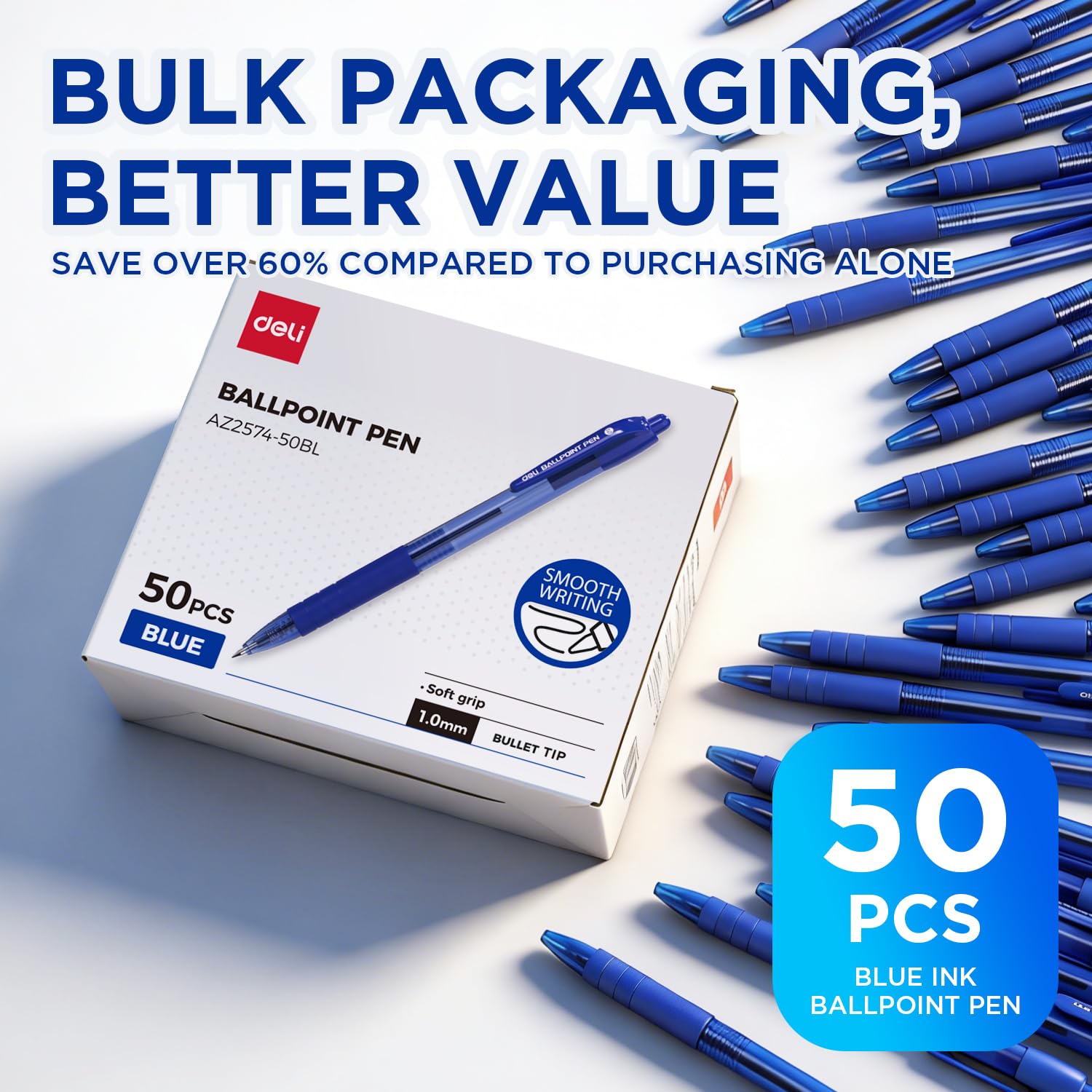 deli Pens Bulk 50 Pack Ballpoint Pens Blue Ink 1 0MM Medium Point Smooth Writing Retractable Pen with — view 2