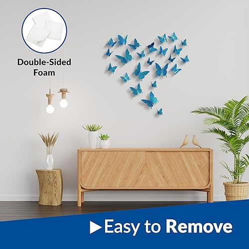Miniatura 5 de 24 calcomanías de pared de mariposa 3D con purpurina azul, 3 tamaños, decoración de mariposas para pared, calcomanías murales extraíbles para el