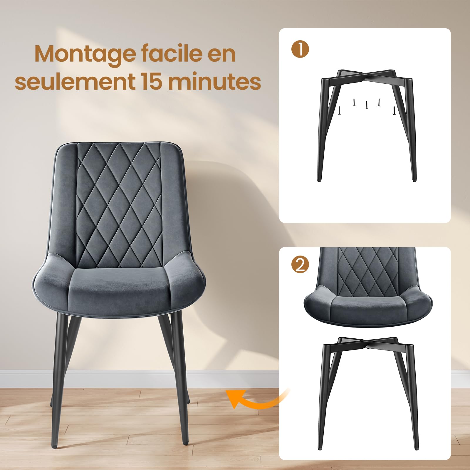 INRE Lot de 4 Chaises Salle à Manger en Velours, Chaise de Cuisine Rembourrée avec Dossier Ergonomique, Pieds en Métal, Patins Réglables, pour Salon Bureau Chambre, Gris Foncé