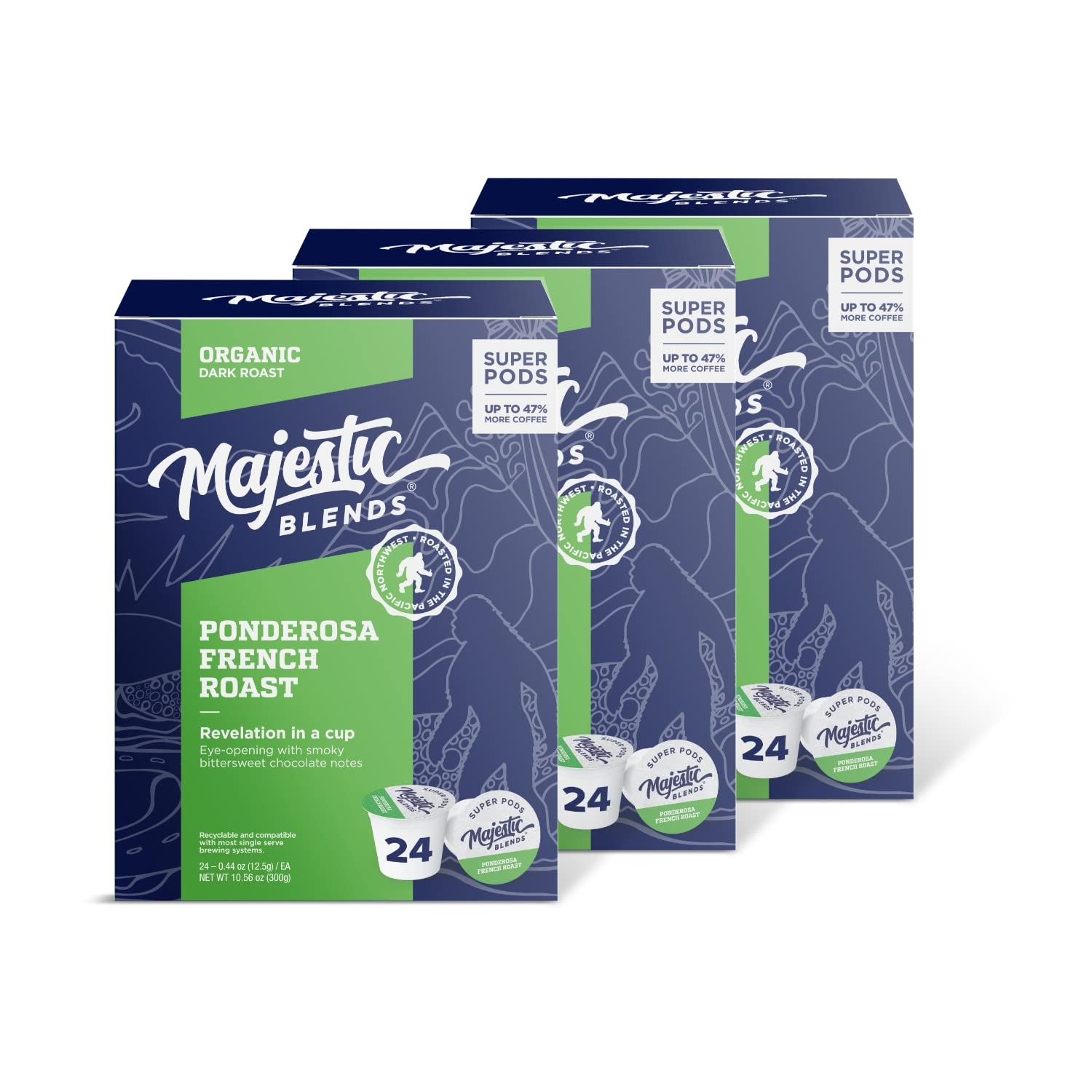 Majestic Blends Organic Coffee, Ponderosa French Roast SUPER PODS, Single-Serve Coffee Pods, 72 count