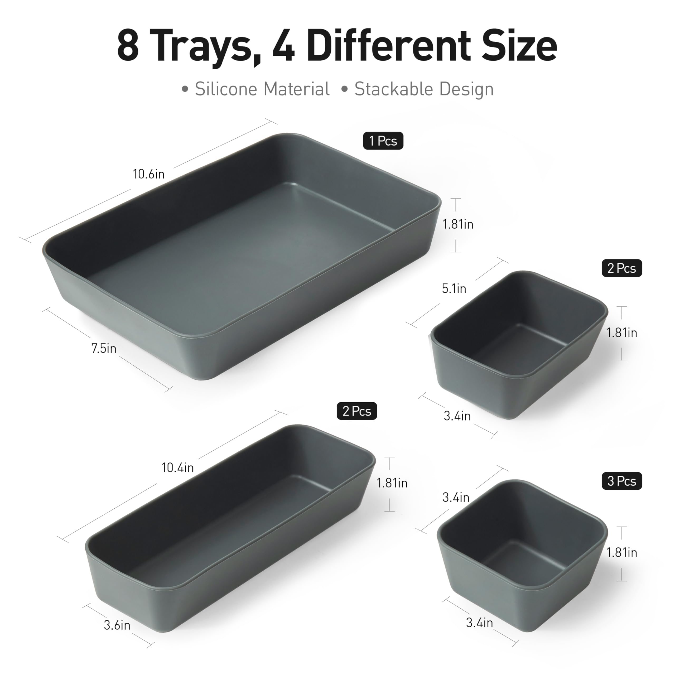 ISSEVE Set di 8 organizer per cassetti in silicone, versatili in 4 dimensioni, organizer per cassetti da bagno, divisori, organizer per cassetti da scrivania, per ufficio, cucina, camera da letto e