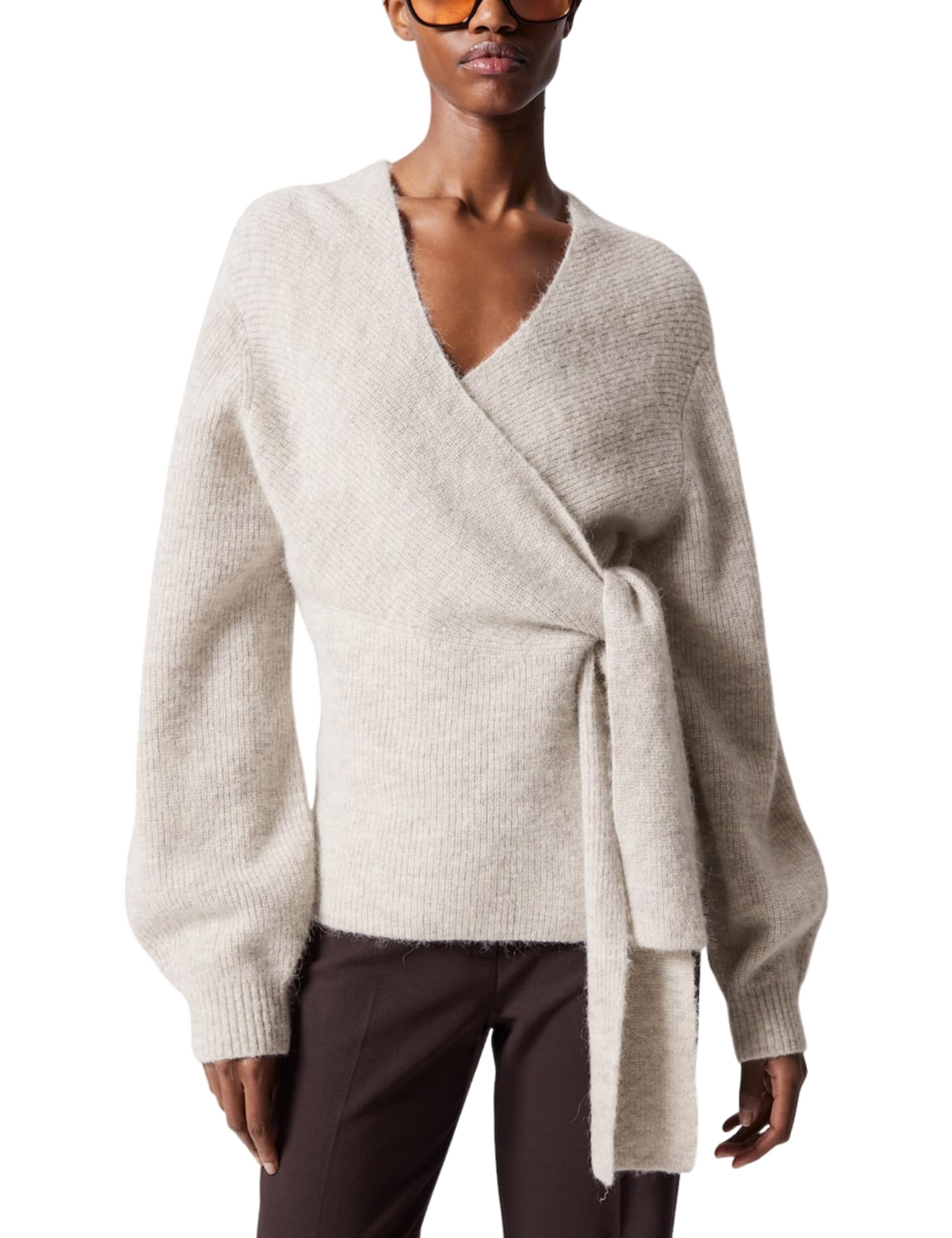 Womens Knitted Wrap Cardigan V Neck Long Sleeve Belted Waist Self Tie Pullover Sweater Tops
