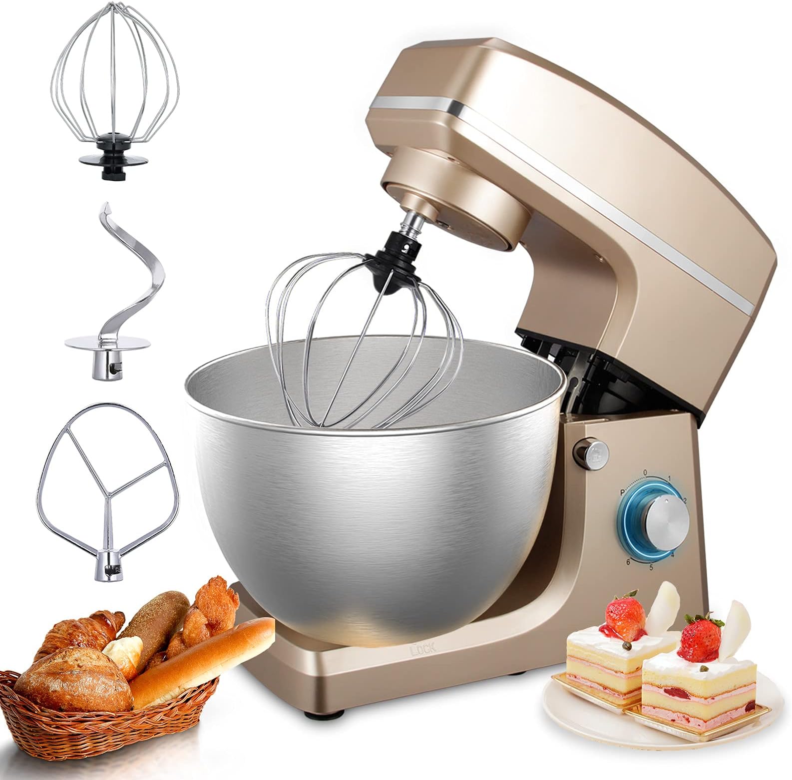Stand Mixer, Sincalong 8.5QT 660W 6 Speed Tilt Head Electric Mixer with Stainless Steel Bowl, Splash Guard, Dough Hook, Flat Beater, Whisk Dough Kneading Machine, Champagne…