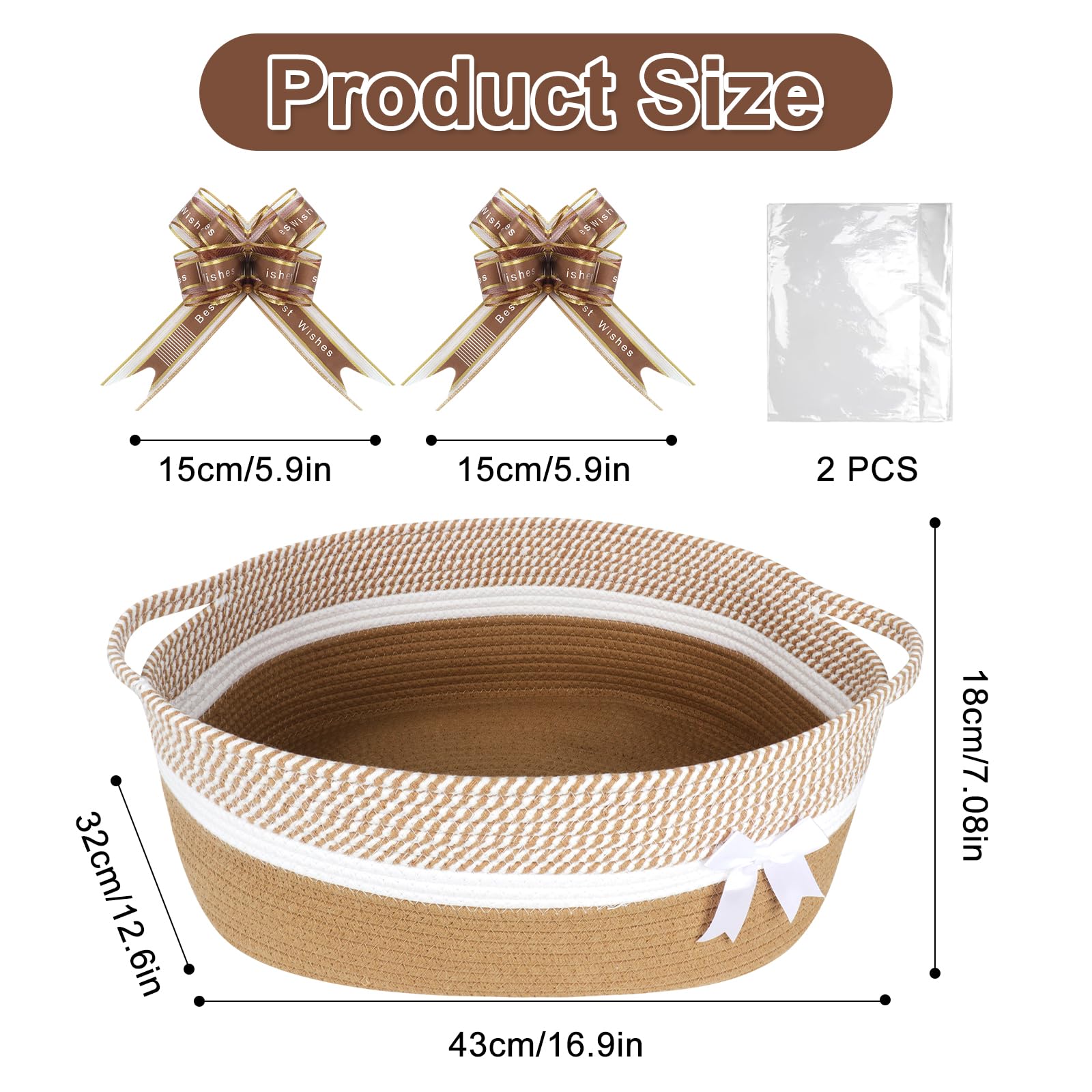 Lotvic Cesto regalo grande, 43 x 32 x 18 cm, kit cestino, cesto vuoto, con sacchetti di cellophane e fiocchi da tirare (cachi)