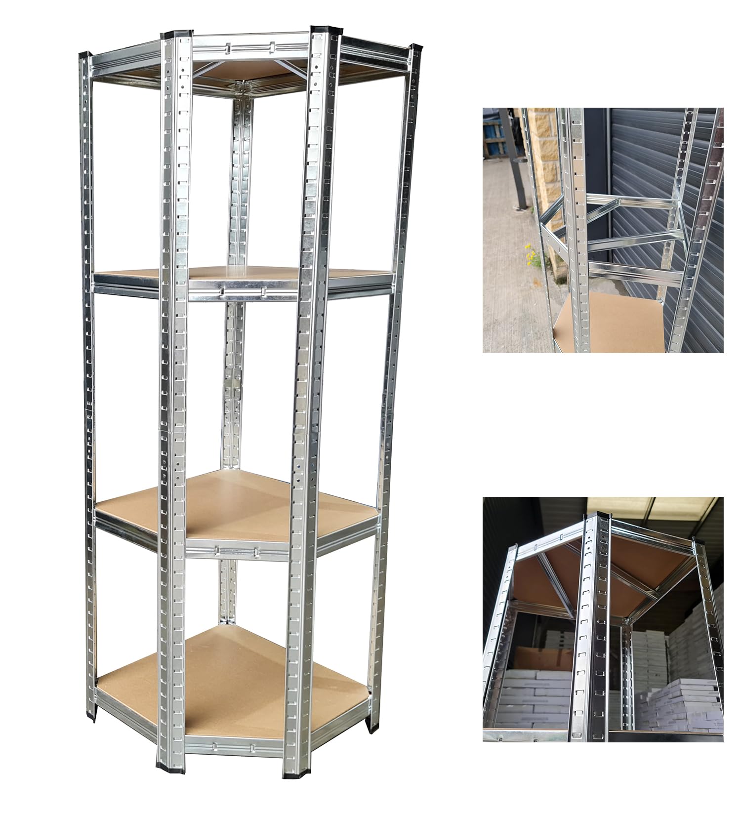 Scaffalatura in metallo resistente senza bulloni, ripiani angolari per uso industriale, sistema di scaffalatura in acciaio resistente per l'organizzazione di magazzini e officine
