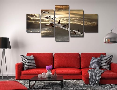 Miniatura 2 de Imágenes de aviones militares estadounidenses F-22 Raptor, pinturas artísticas de pared para sala de estar, 5 piezas, arte de lienzo estirado