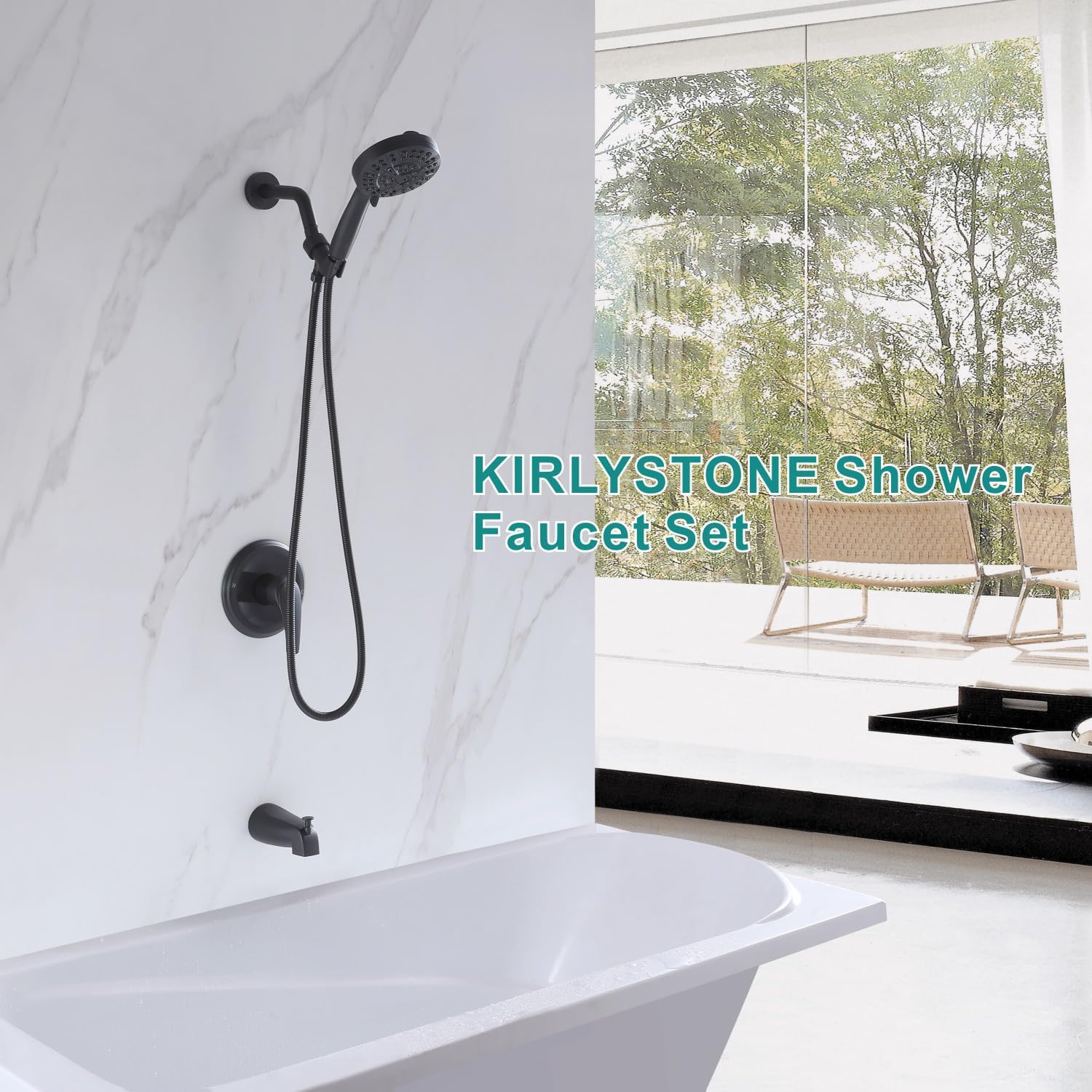 Tub Shower Faucet Combo, Matte Black Shower System 10 Patterns Handheld Shower Head with Tub Spout, Shower Trim Kit with Shower Head & Brass Valve