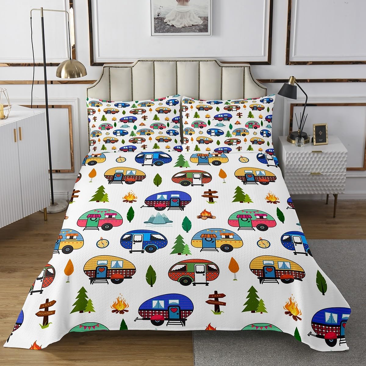 jejeloiu Happy Camping Decor Coverlet Set,Kids Boys Girls Twin Size Camping Gifts Bedspread,Ultra Soft Travel Trailers Themed Quilted Coverlet,Outdoor Travel Quilted,Room Decor image 2