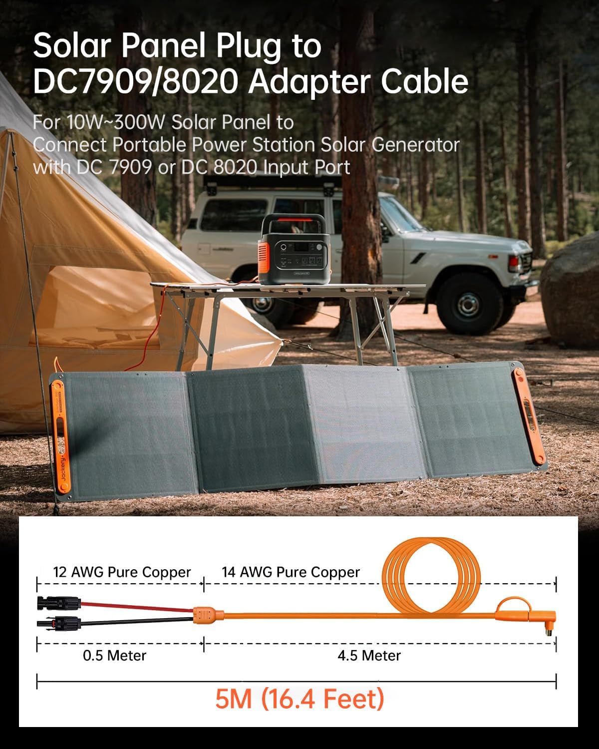 Solar Connector to DC 8mm Adapter Cable, 5M(16.4FT) 12AWG+14AWG Solar Cable Connector to DC8020/DC7909 Compatible with Jackery BLUETTI Anker GZ Yeti Portable Power Station, for Solar Panel