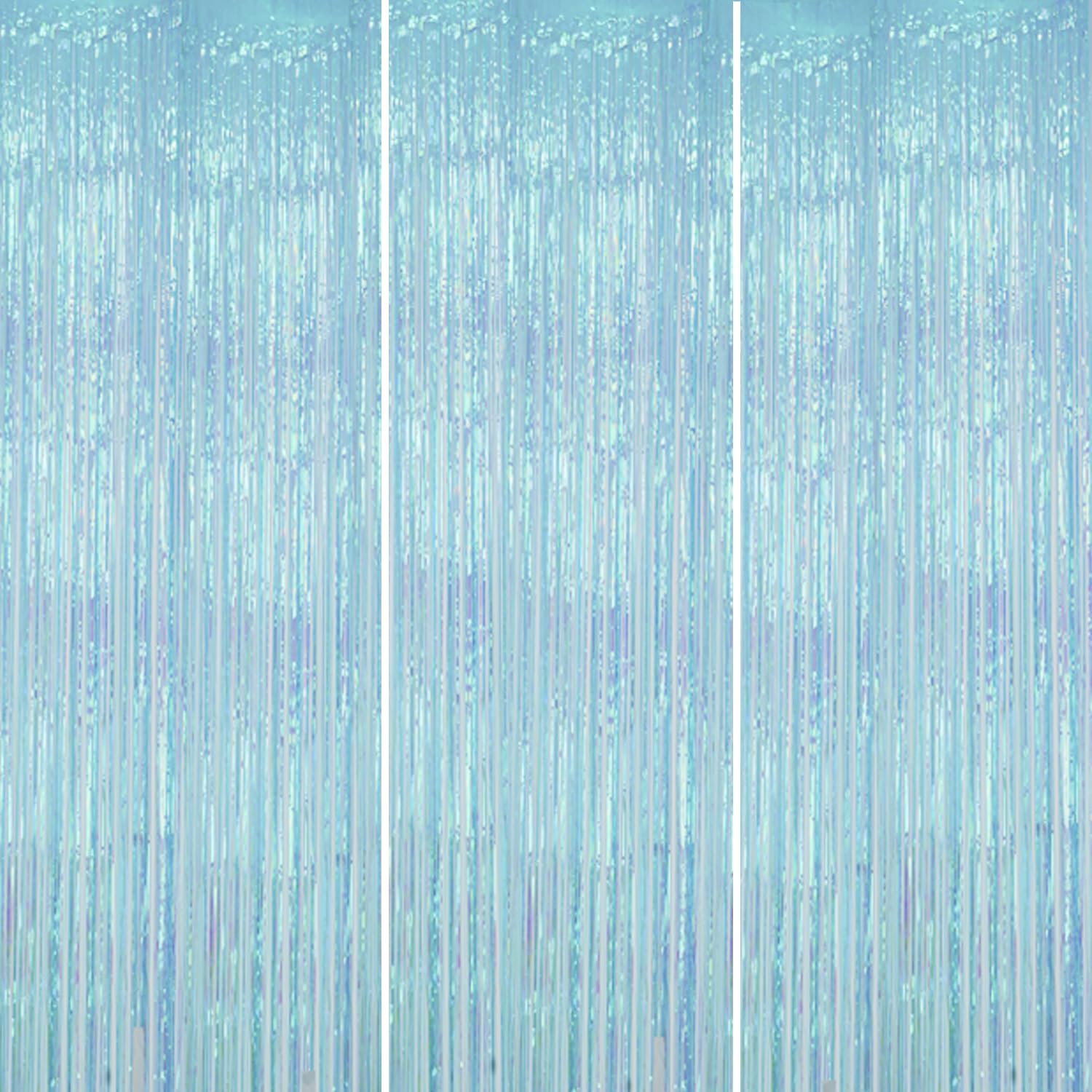 DECOCKRAT 3 Pack Foil Fringe Backdrop - Transparent Blue Shiny Tinsel Curtains for Party Decoration/Photo Booth Props - 3.3x8.2FT Metallic Foil Backdrop for Birthday, Wedding, Graduation, Christmas