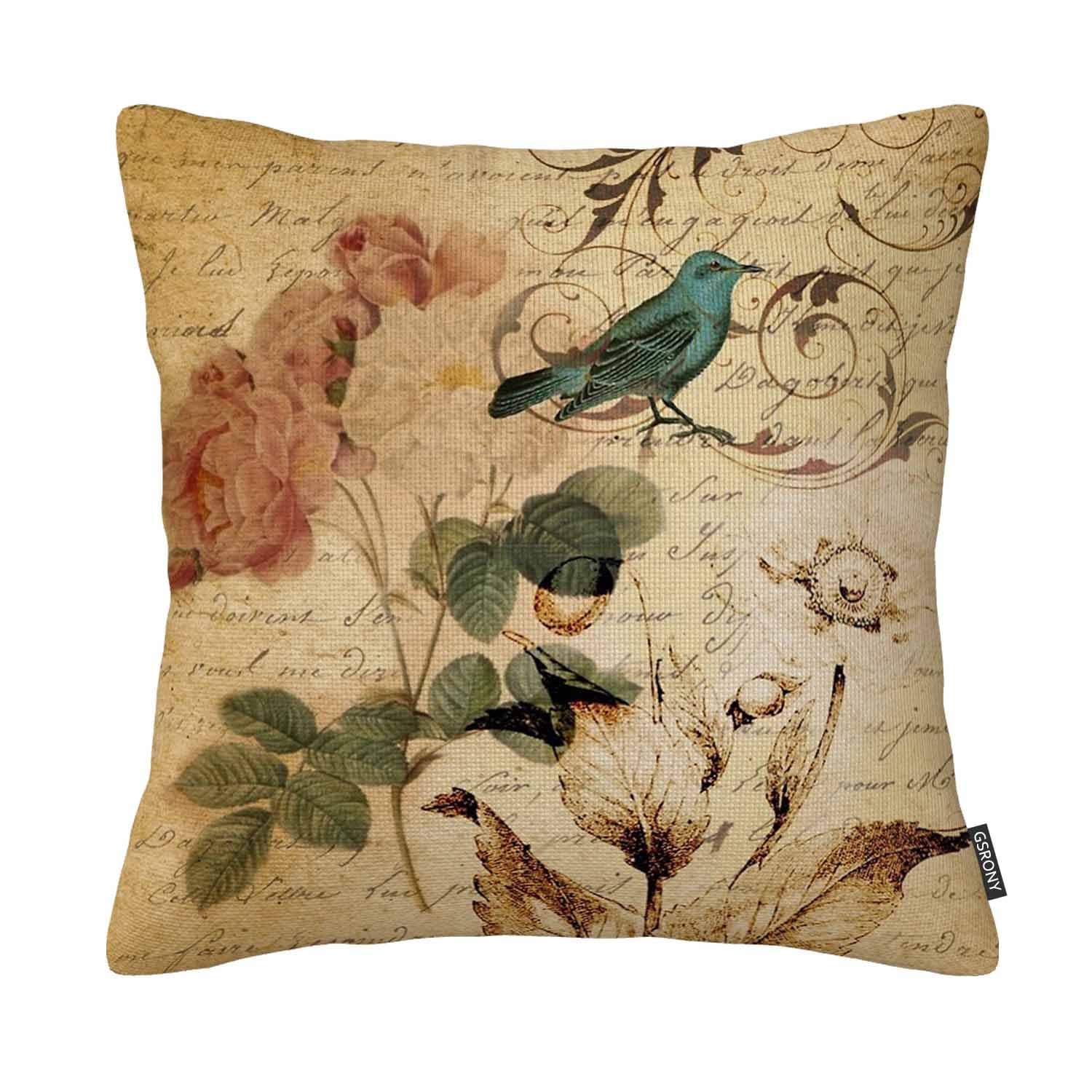 Gsrony Gold Vintage Throw Pillow Covers Victorian Bird Paris French Botanical Rose Cushion Pillow Case Home Decor Pillowcase 18X18 Inches