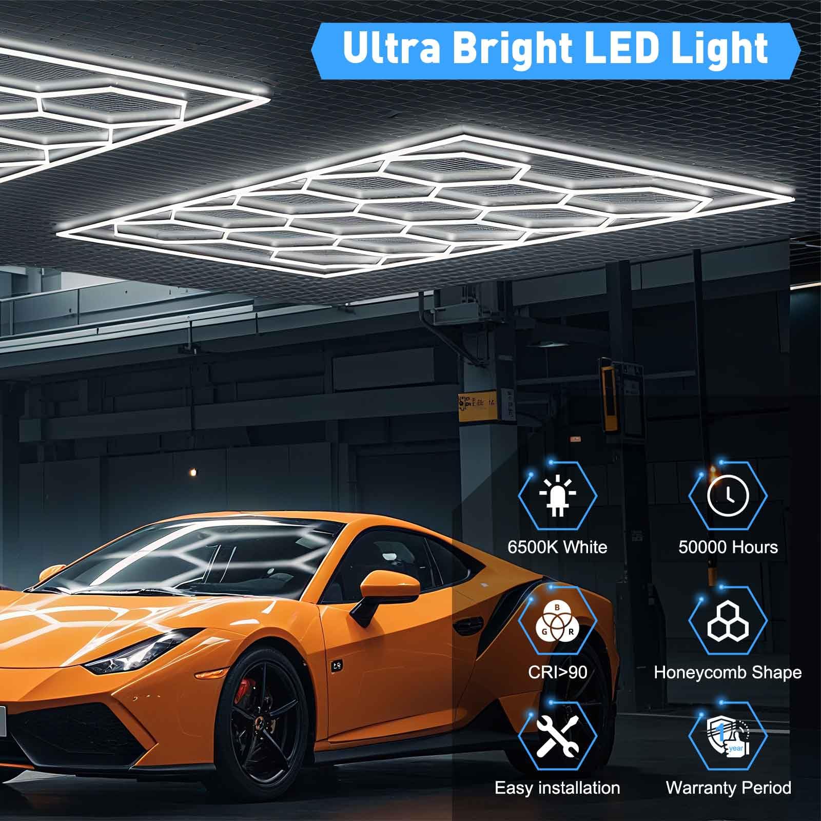 Lot de 14 lumières LED hexagonales Waben avec cadre, lumières LED blanches pures super lumineuses pour garage, atelier, éclairage d'atelier pour sous-sol, entrepôt, salon de nettoyage de