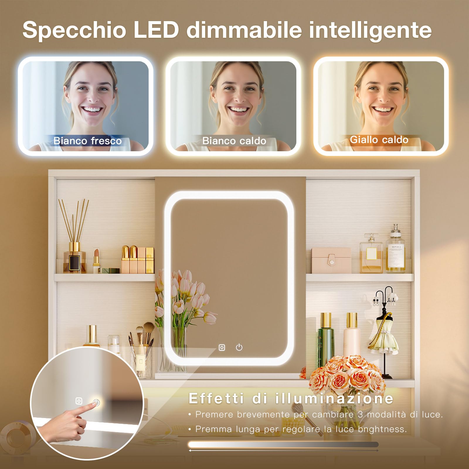 ODK Tavolo da Toeletta con Specchio LED Regolabile, Prese USB Integrate e Striscia Luce RGB – Toeletta con 5 Cassetti in Tessuto e Ripiani a 3 Livelli – Tavolo da Trucco Bianco 90×40×139 cm