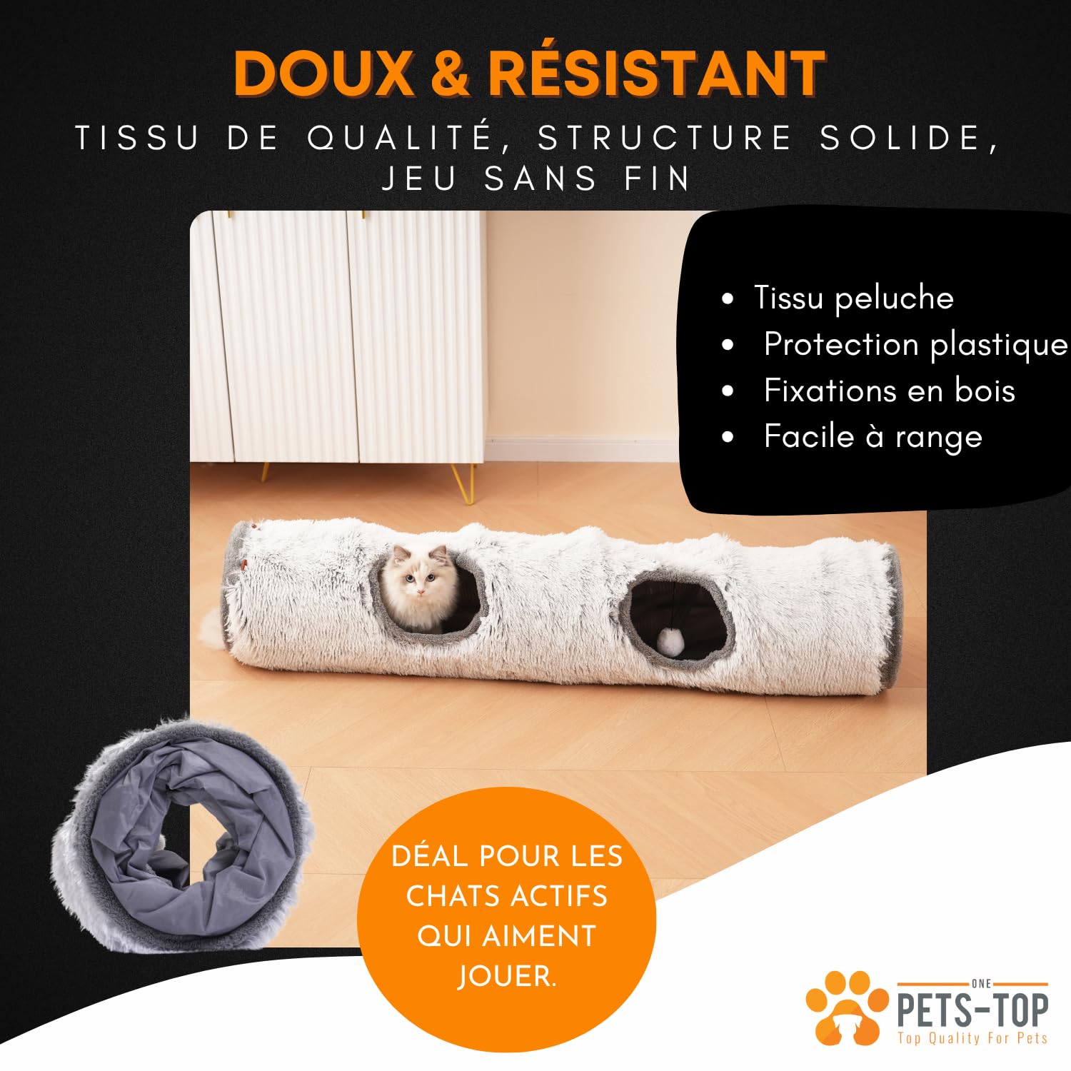 One PETS-TOP Tunnel Chat – Tunnel pour Chat XXL – Jouet Intéractif pour Interieur – en Peluche Douce – Tunnel Chien Furet Lapin – Tapis Cabane Cat Tunnel – 120 cm