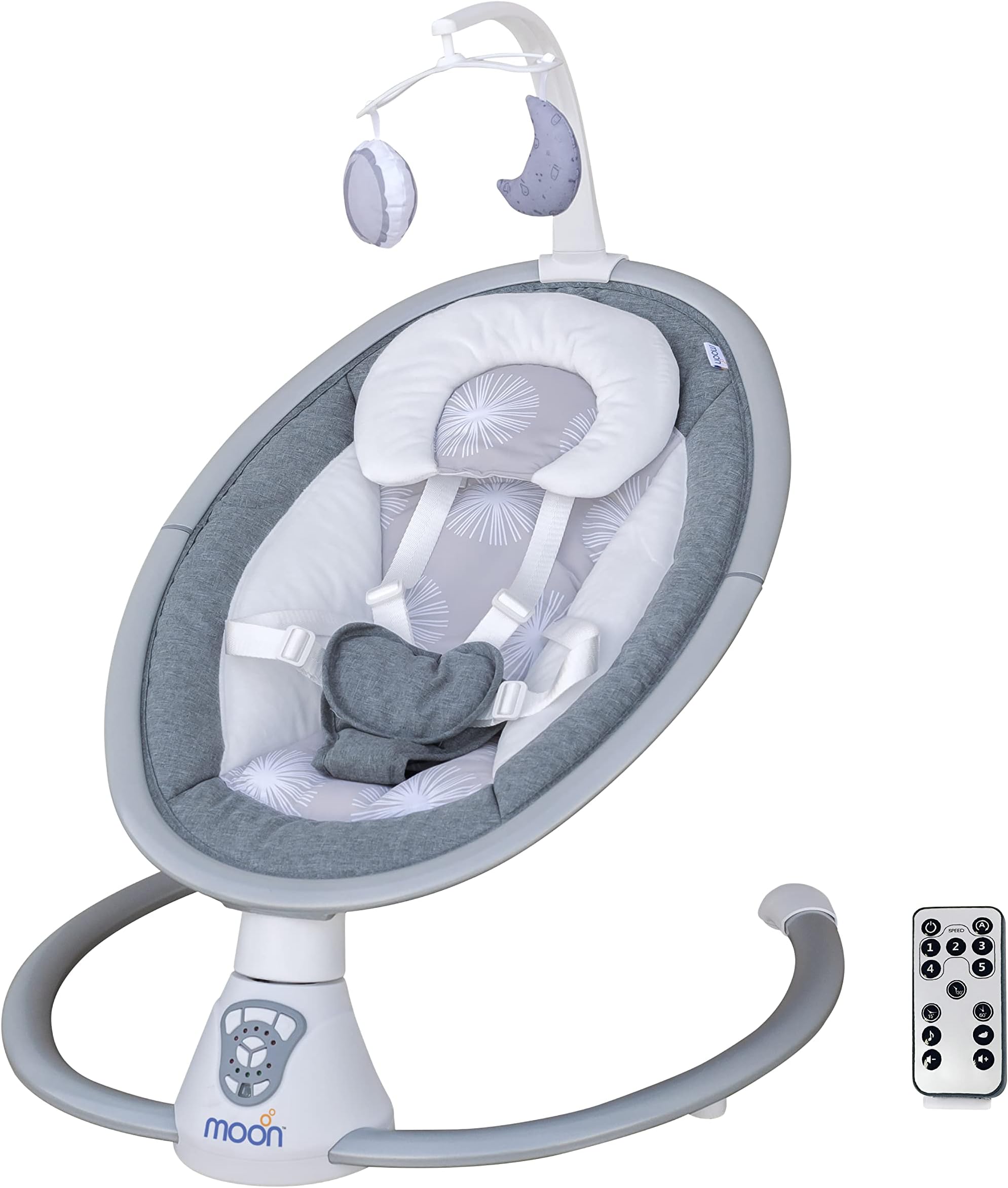 The Moon brandBaby Swing. 0 - 6m ,Holds upto 9kg. Gentle Swaying Motion. In Built Music System. Flexible Speed and Timer Settings. With Remote Control. Motion Sensor. 5 Point Harness - Grey