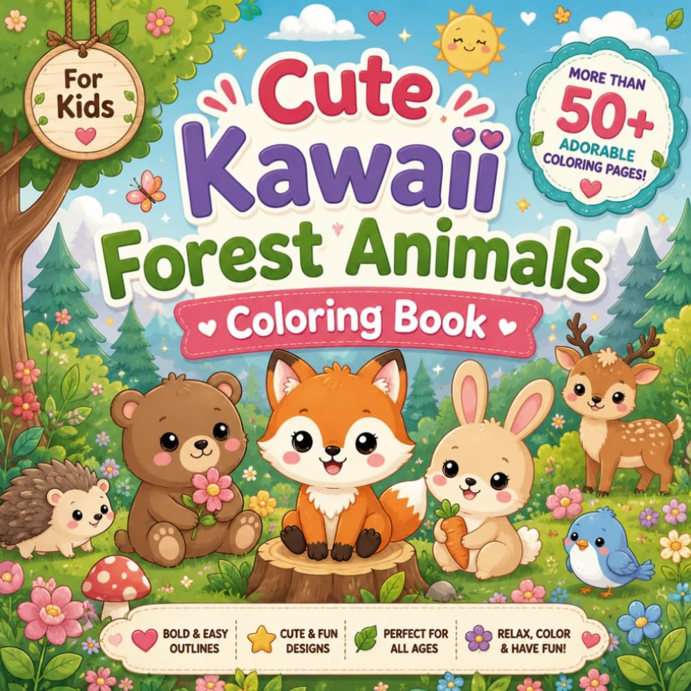Cute Kawaii Forest Animals Coloring Book: 50+ Adorable Woodland Animal Coloring Pages for Kids with Foxes, Bears, Rabbits, Deer, Hedgehogs and Easy Cute Nature Scenes