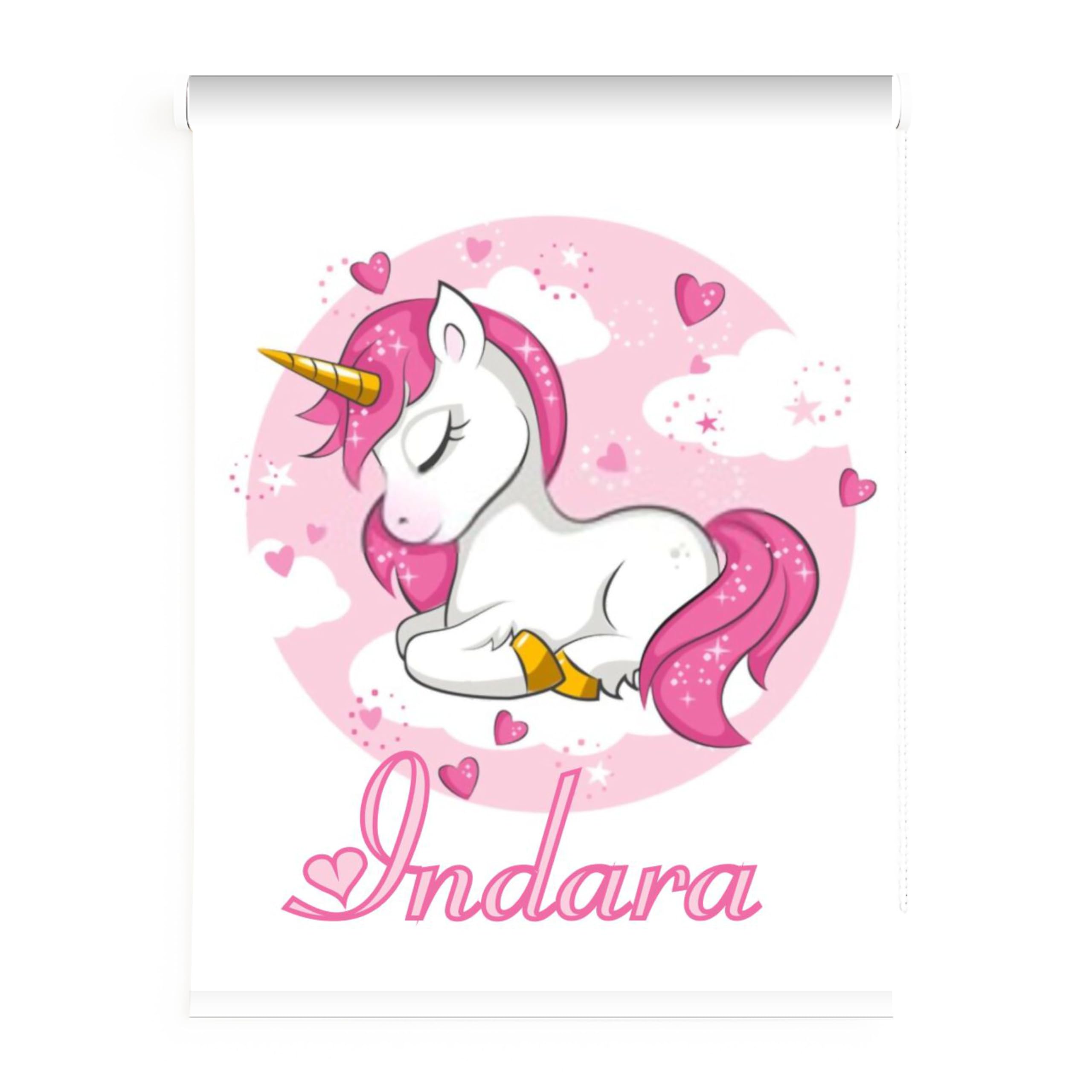 Estor Enrollable Infantil Niña Personalizado con Nombre - Diseño Unicornio Rosa y Blanco Translúcido - Decoración Habitación Infantil – Estores Iroa (130x170)