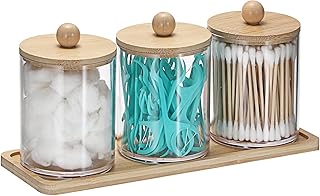 OLegei 4pcs caja de algodón acrílico dispensador de globos de algodón organizador para baño con tapas y bandeja de bambú (amarillo)