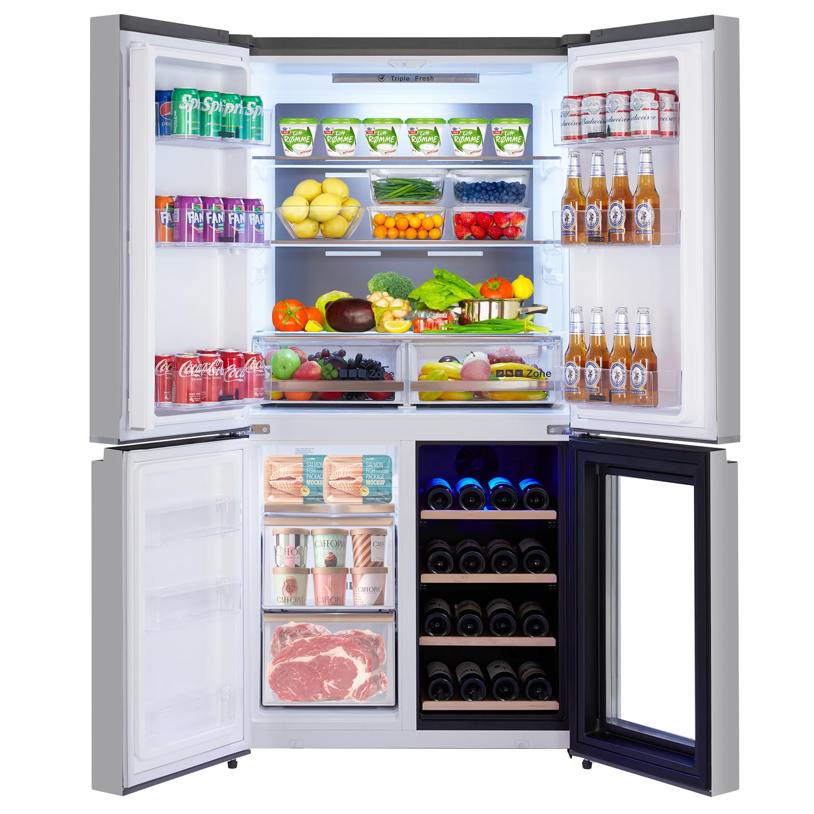 Garveelife 36 In French Door Refrigerator, 21 Cu.Ft. Counter Depth Refrigerator Bottom Freezer With Wine Cabinet, Stainless Steel 4 Doors Fridges Kitchen Freezer, Adjustable Shelves on Fridge.com - View 5