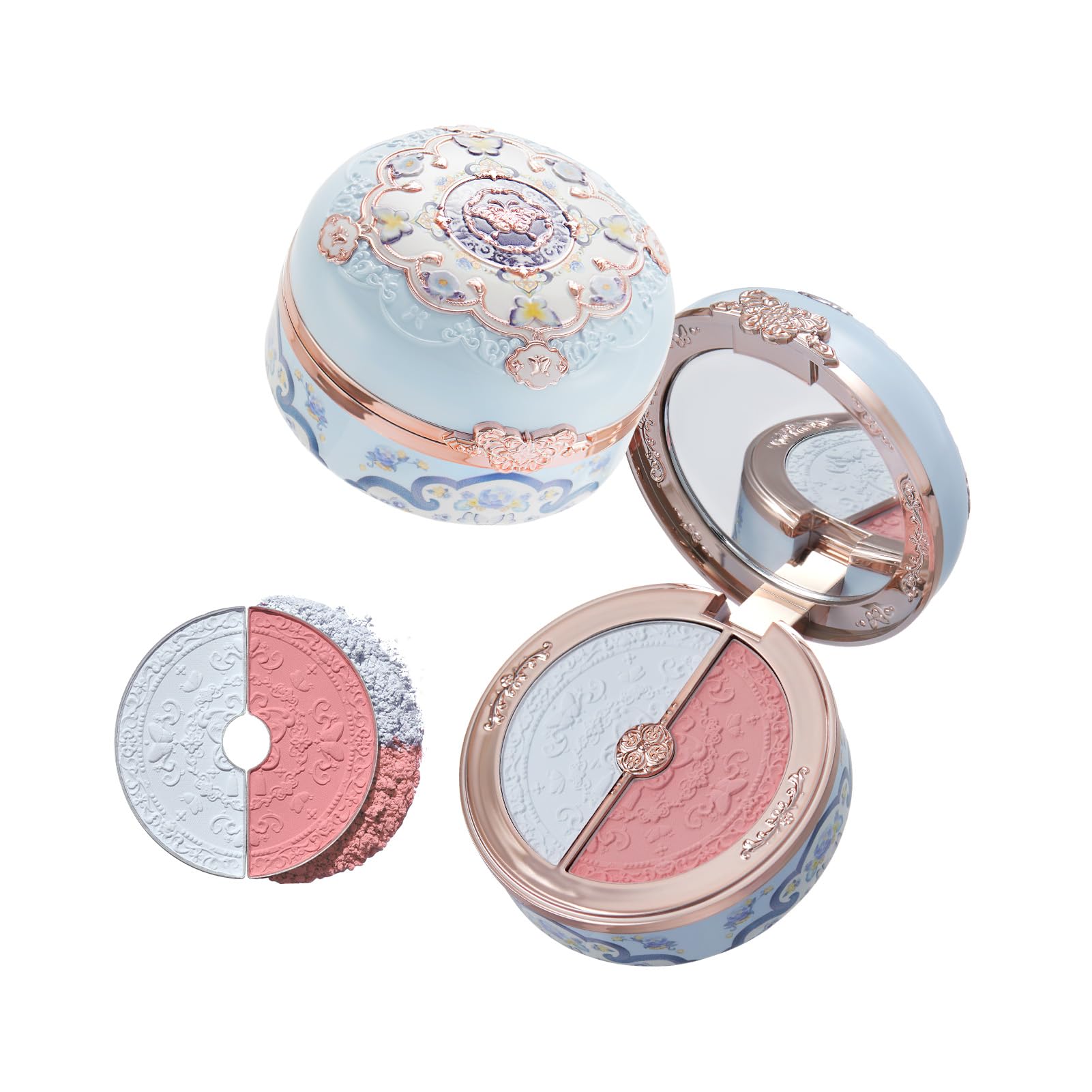 Butterfly Cloud Collar Rouge Box Highlighting & Blush Duo Powder,Blue+Pink Two Tone Matte Blush for Cheeks Bulidable & Blendable Palette for Women & Girls,0.21 Oz(02 Seaborne Moon)