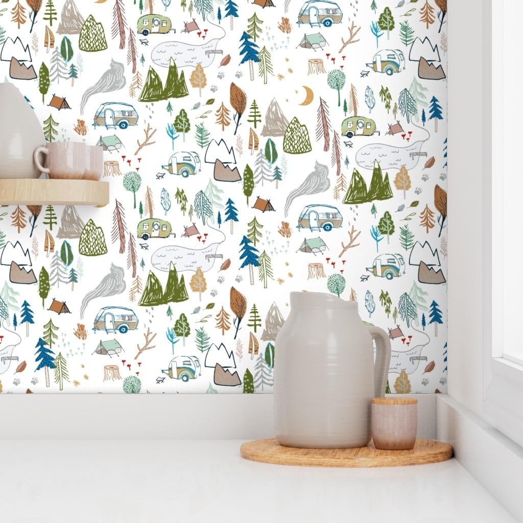 Peel & Stick Wallpaper 3ft x 2ft - Camper White Caravan Tent Mountain Forest Mushroom Summer Vacation Boy Bear Custom Removable Wallpaper by Spoonflower