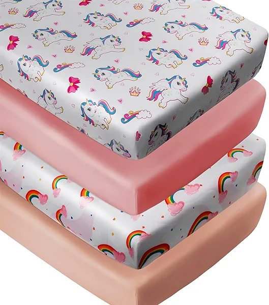 4 Pack Baby Girl Crib Sheets Fitted Pink Crib Sheet Portable Mattress Cover or Toddler Bed Sheets for Girls (Unicorn)