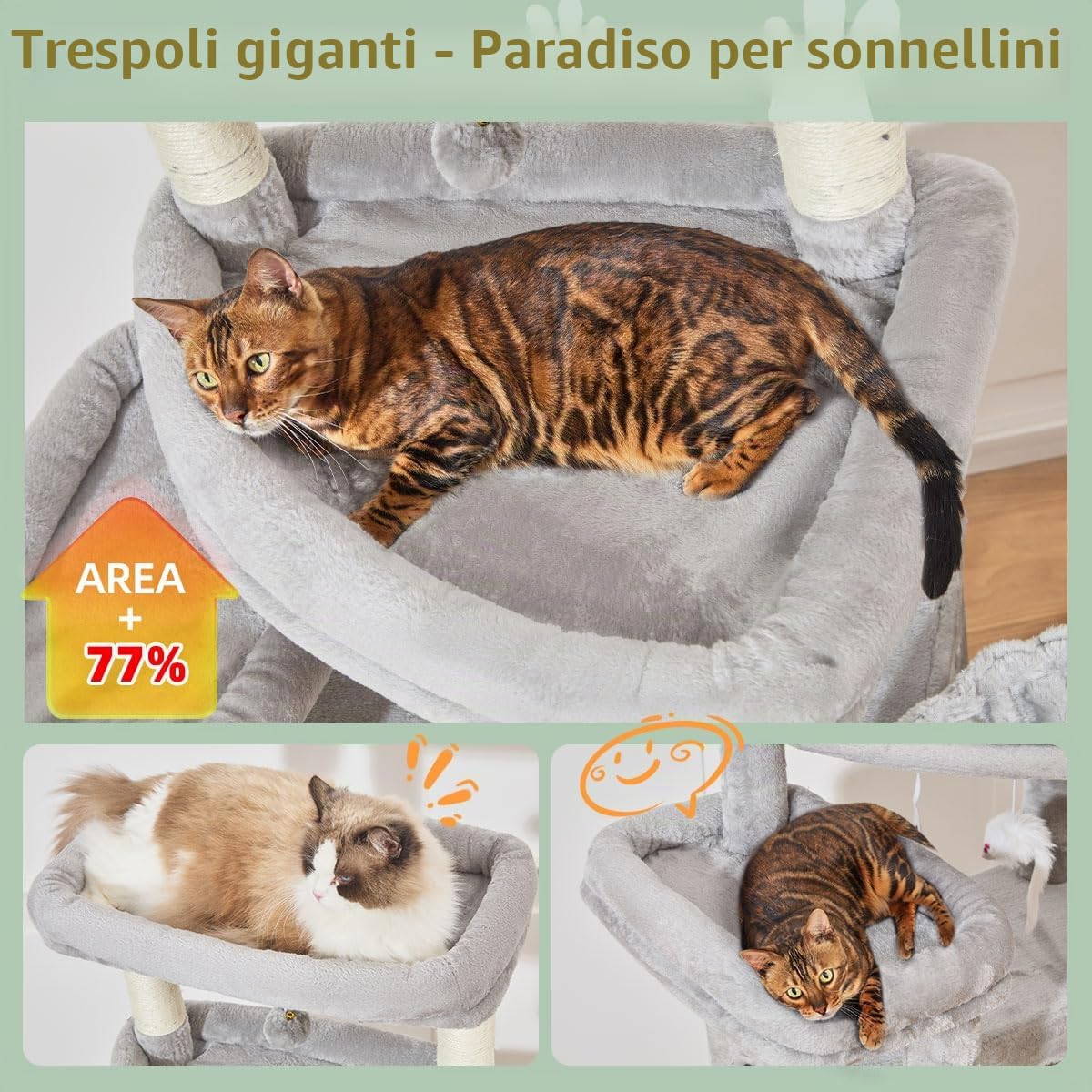 Taoqimiao Tiragraffi per Gatti, 180cm Stabile Tiragraffi per Gatti Adulti xxl con Accogliente Grotte, Amaca, Piattaforma extra large, cestino Sospeso, 8 Pali Graffiatoi, Grigio Chiaro MS034W