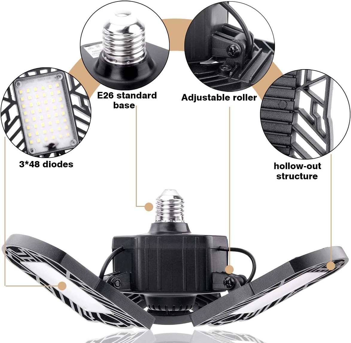 RUNDA LED Garage Lights, 60W Deformable Garage Ceiling Light 6000LM E26 Basement Light with 3 Adjustable Panels LED Light Bulbs for Workshop, Barn, Warehouse and More