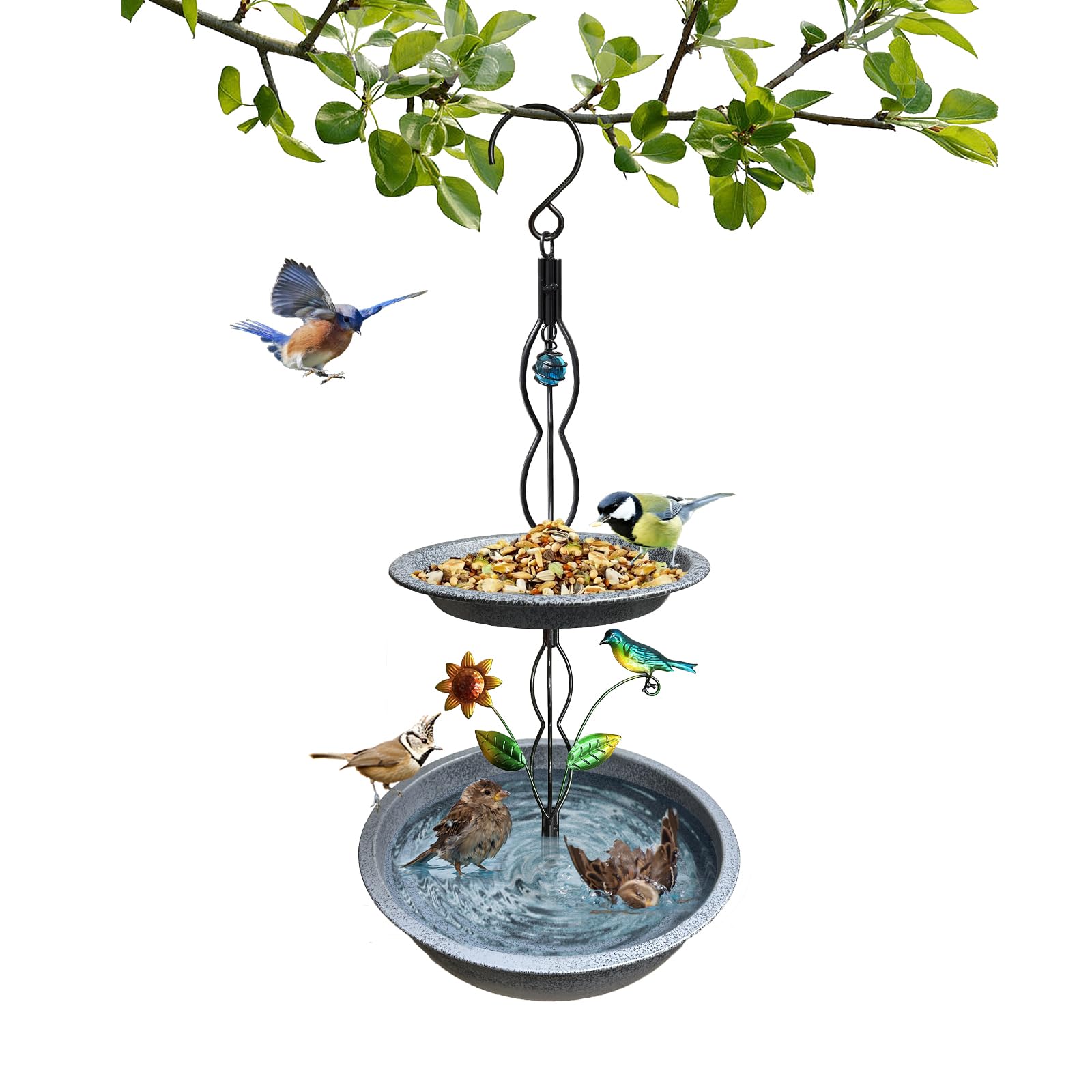 Vogeltränke Mit Standfuß – 33x94 Cm, Metall, Mit Futterstation & Baum-Deko, Bronzegrün