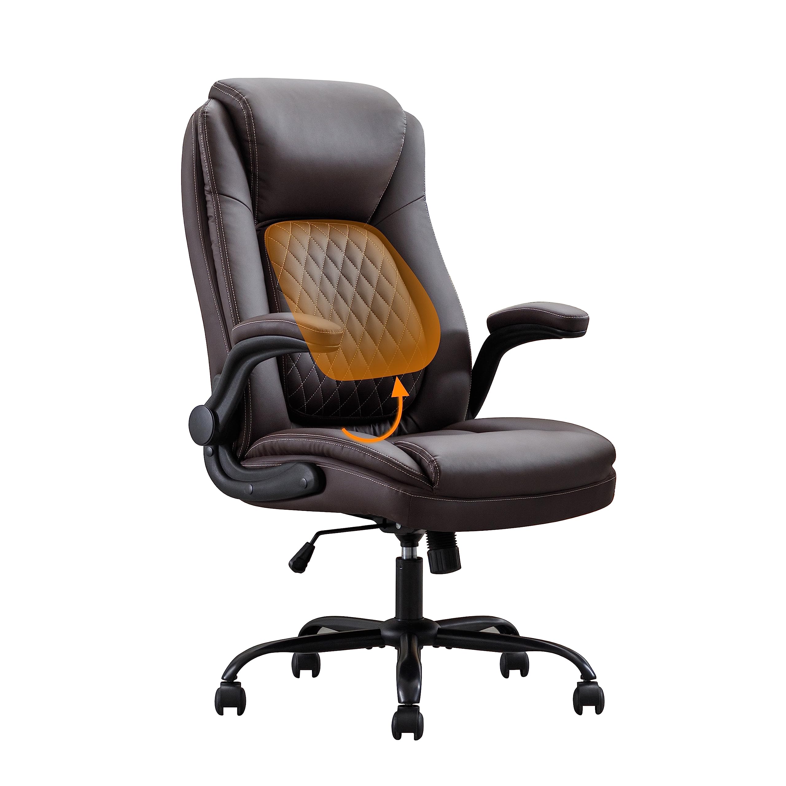 DYHOMEHigh Back Office Chair Adjustable Lumbar Support Flip-Up Arms Brown PU Leather Ergonomic Big and Tall Home Office Desk Computer Chair Comfortable Modern Executive Office Chair