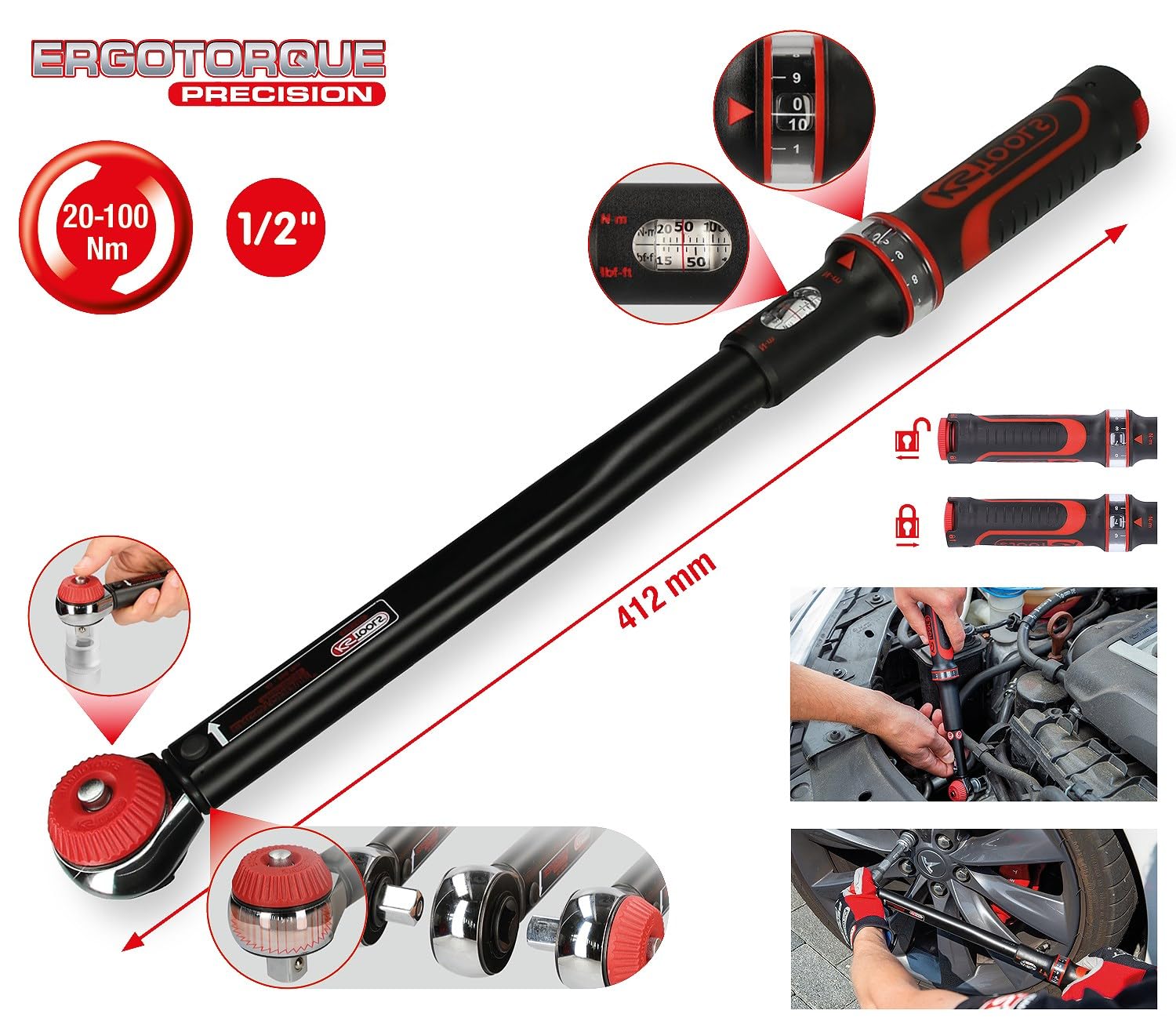 KS Tools 516.1432 1/2" Llave dinamométrica con cabezal de carraca de cambio de posición por mando giratorio 10-100 Nm