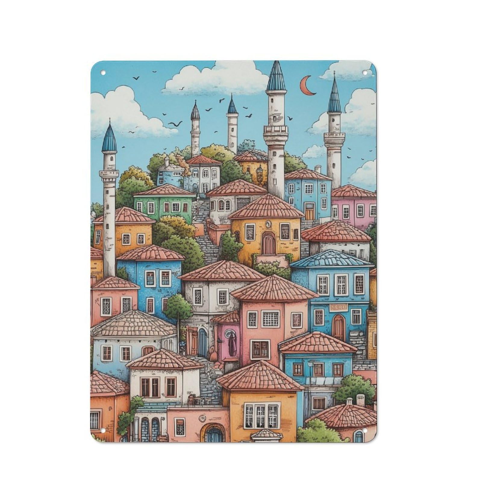 Junmoney Colorful Town With Minarets Tin Wall Plaque 40X30cm With For Living Room Or Hallway, For Garage, Workshop And Man Cave Decoration