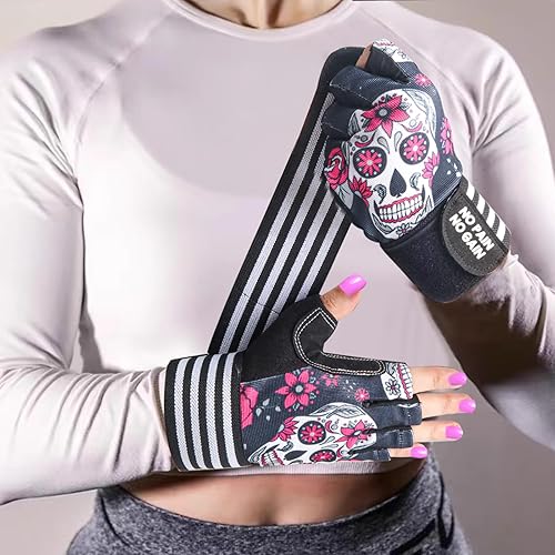 Miniatura 4 de Guantes de levantamiento de pesas para mujer, entrenamiento de gimnasio con soporte de muñeca, guantes acolchados de medio dedo para ejercicio de