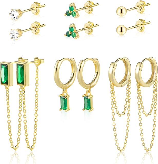 Earrings for Women, 925 Sterling Silver Hypoallergenic Hoop Studs Earrings Set, Chain Hinged Dangle Tiny Cartilage Earring Green Small Cubic Studs Multipack Earrings Set for Women Girls, 6/10 Pairs