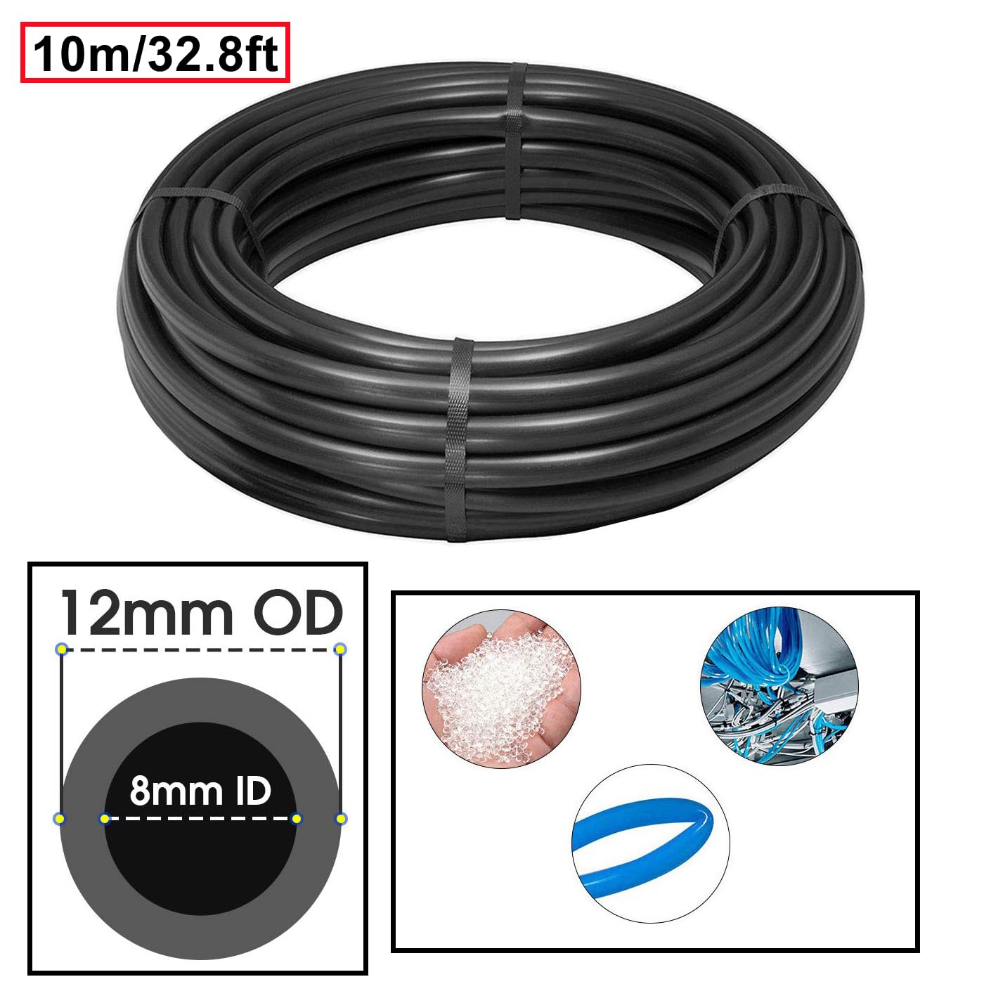 10 Meter Noir Pneumatique Tuyau Air Comprimé,Polyuréthane PU Air Tuyau Kit 12mm OD x 8mm ID 32.8ft,avec 14 Connecteur Pneumatique (Y/T/L/I)