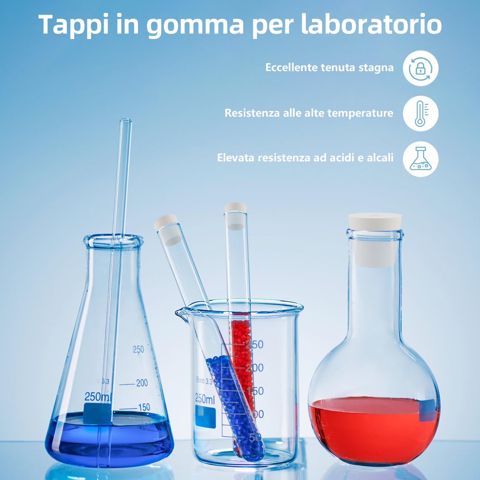 Tappo in Gomma Conico Bianco - Set da 32 Tappi per Laboratorio in 13 Misure, Tenuta Stagna per Palloni, Provette e Tubazioni, Riusabile come Tappo di Scarico