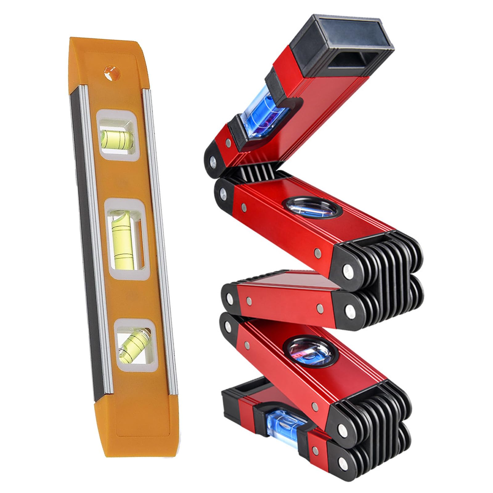 28 Inch Foldable Level Set, with 4 Small Level Bubble at 45°/90°/180°, and 9 Inch Torpedo Level for Multi Angle Measurement Tool. Suitable for Small Level Used by Households and Carpenters