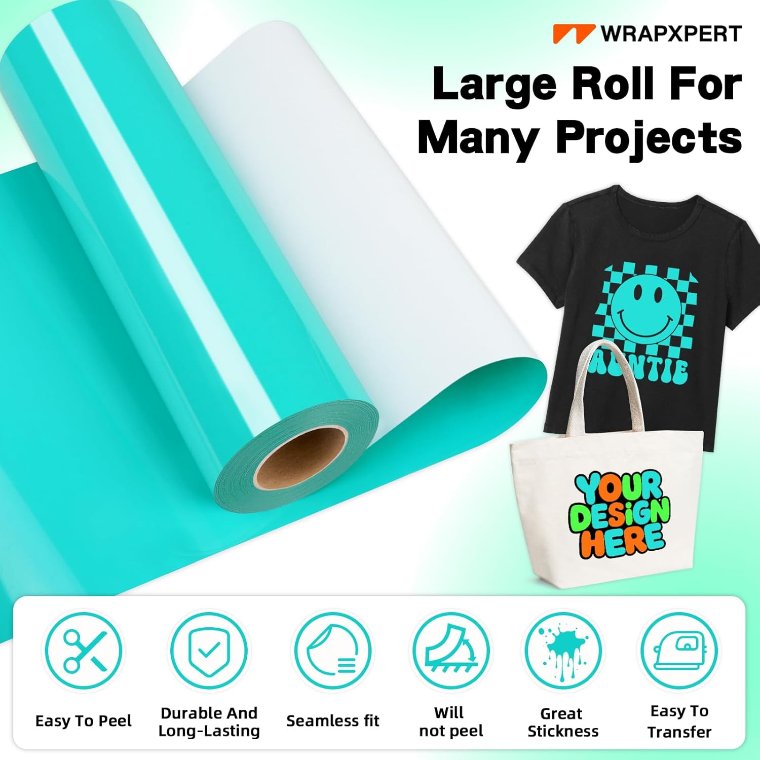 WRAPXPERT HTV Heat Transfer Vinyl Roll-12 x35ft Bright Teal Iron On Vinyl for Tshirts,HTV Big Roll Easy to Cut and Transfer for Heat Press Machine on Garments